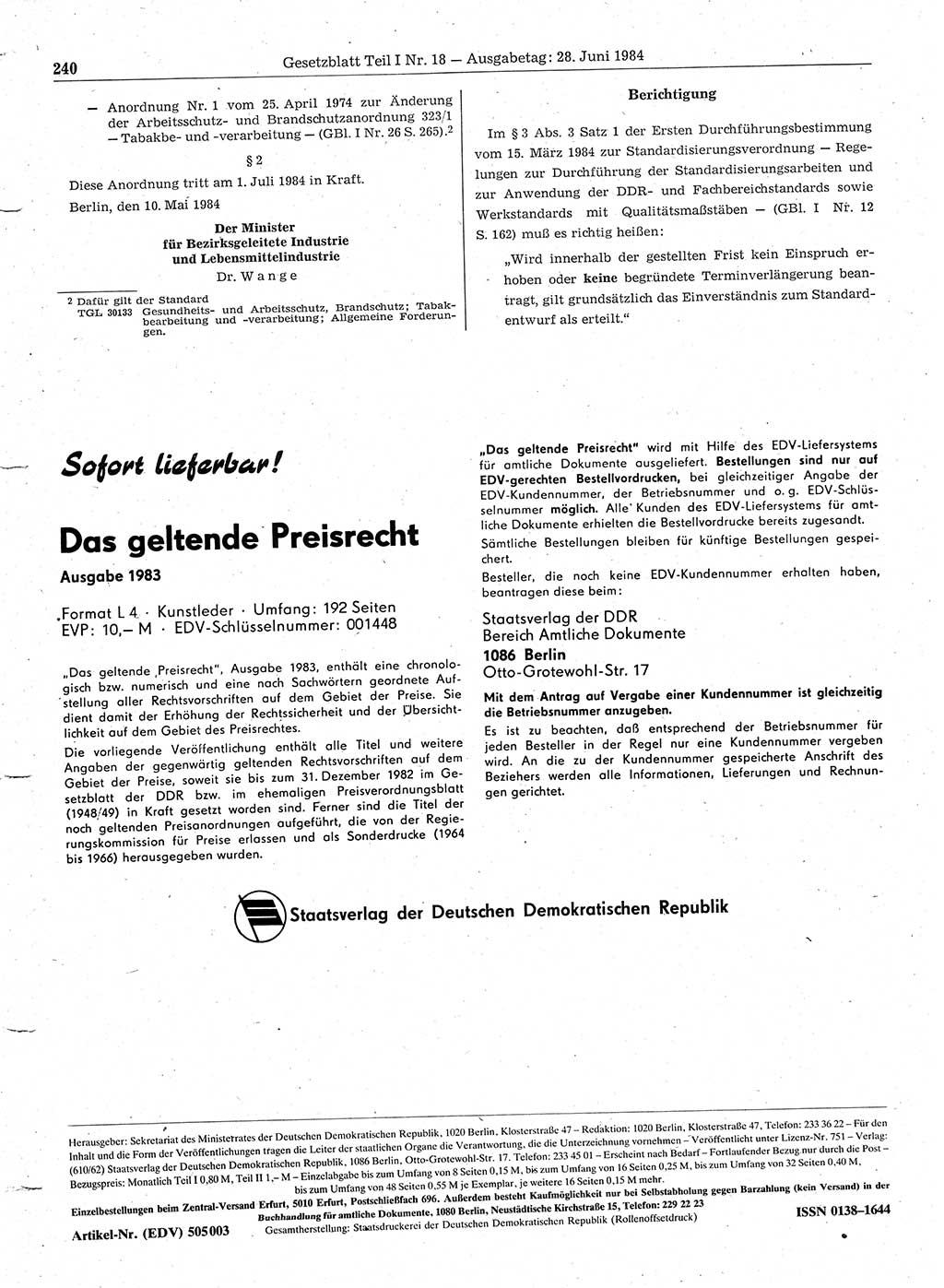 Gesetzblatt (GBl.) der Deutschen Demokratischen Republik (DDR) Teil Ⅰ 1984, Seite 240 (GBl. DDR Ⅰ 1984, S. 240)