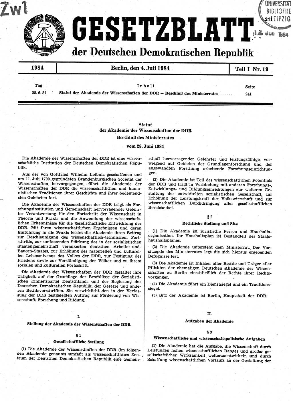 Gesetzblatt (GBl.) der Deutschen Demokratischen Republik (DDR) Teil Ⅰ 1984, Seite 241 (GBl. DDR Ⅰ 1984, S. 241)