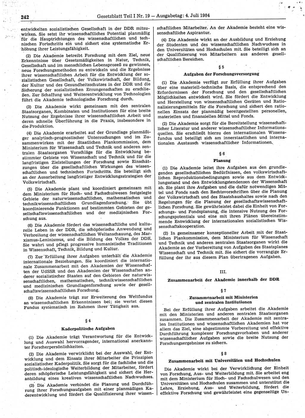 Gesetzblatt (GBl.) der Deutschen Demokratischen Republik (DDR) Teil Ⅰ 1984, Seite 242 (GBl. DDR Ⅰ 1984, S. 242)