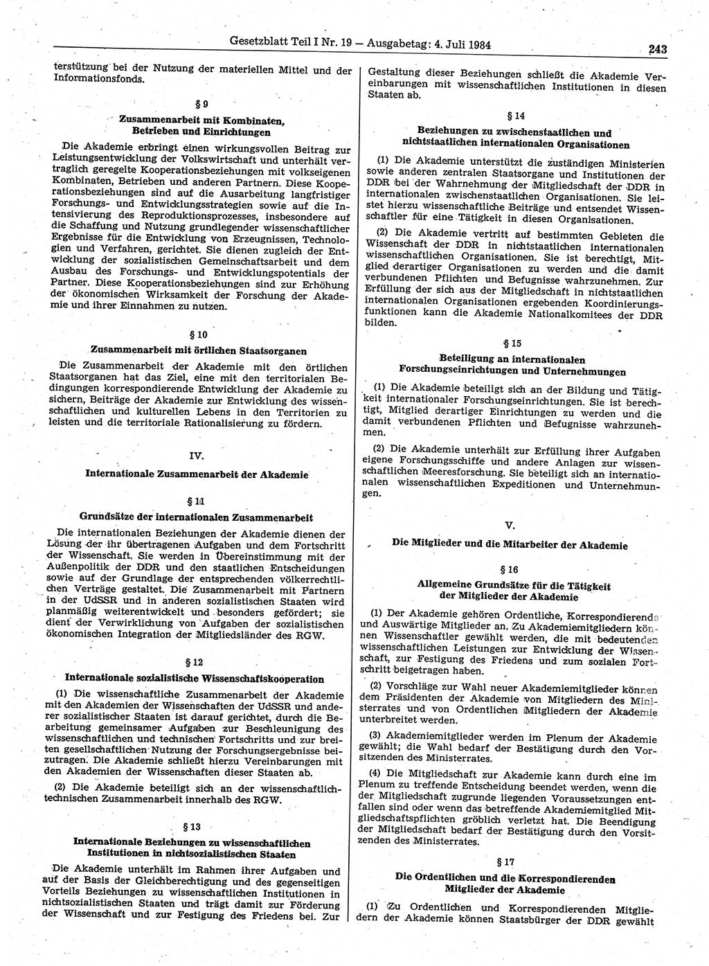 Gesetzblatt (GBl.) der Deutschen Demokratischen Republik (DDR) Teil Ⅰ 1984, Seite 243 (GBl. DDR Ⅰ 1984, S. 243)