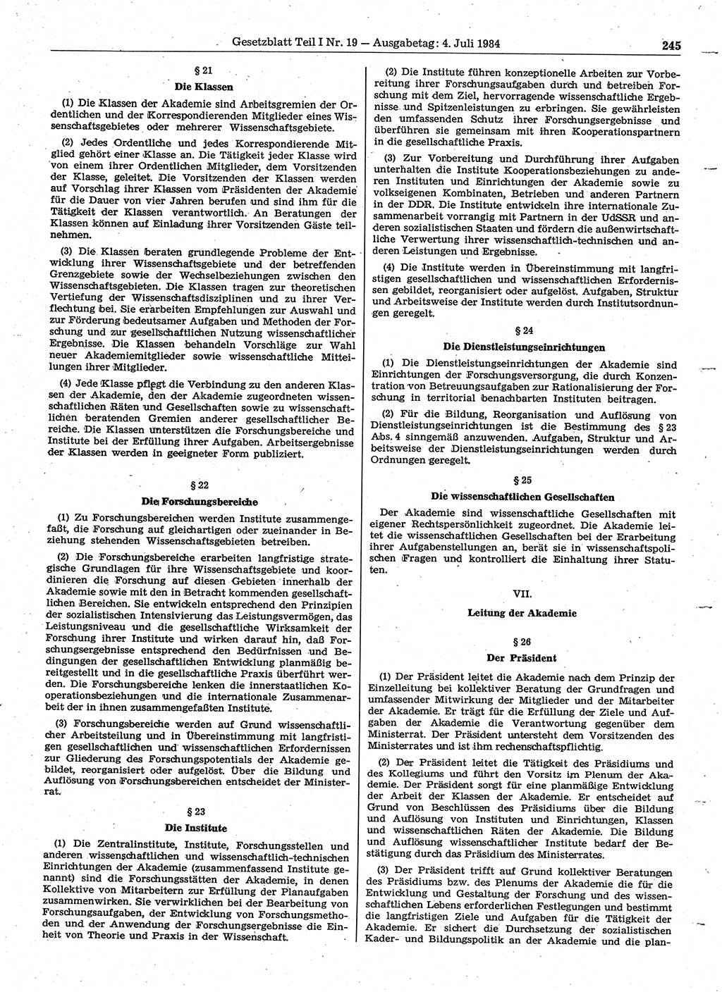 Gesetzblatt (GBl.) der Deutschen Demokratischen Republik (DDR) Teil Ⅰ 1984, Seite 245 (GBl. DDR Ⅰ 1984, S. 245)
