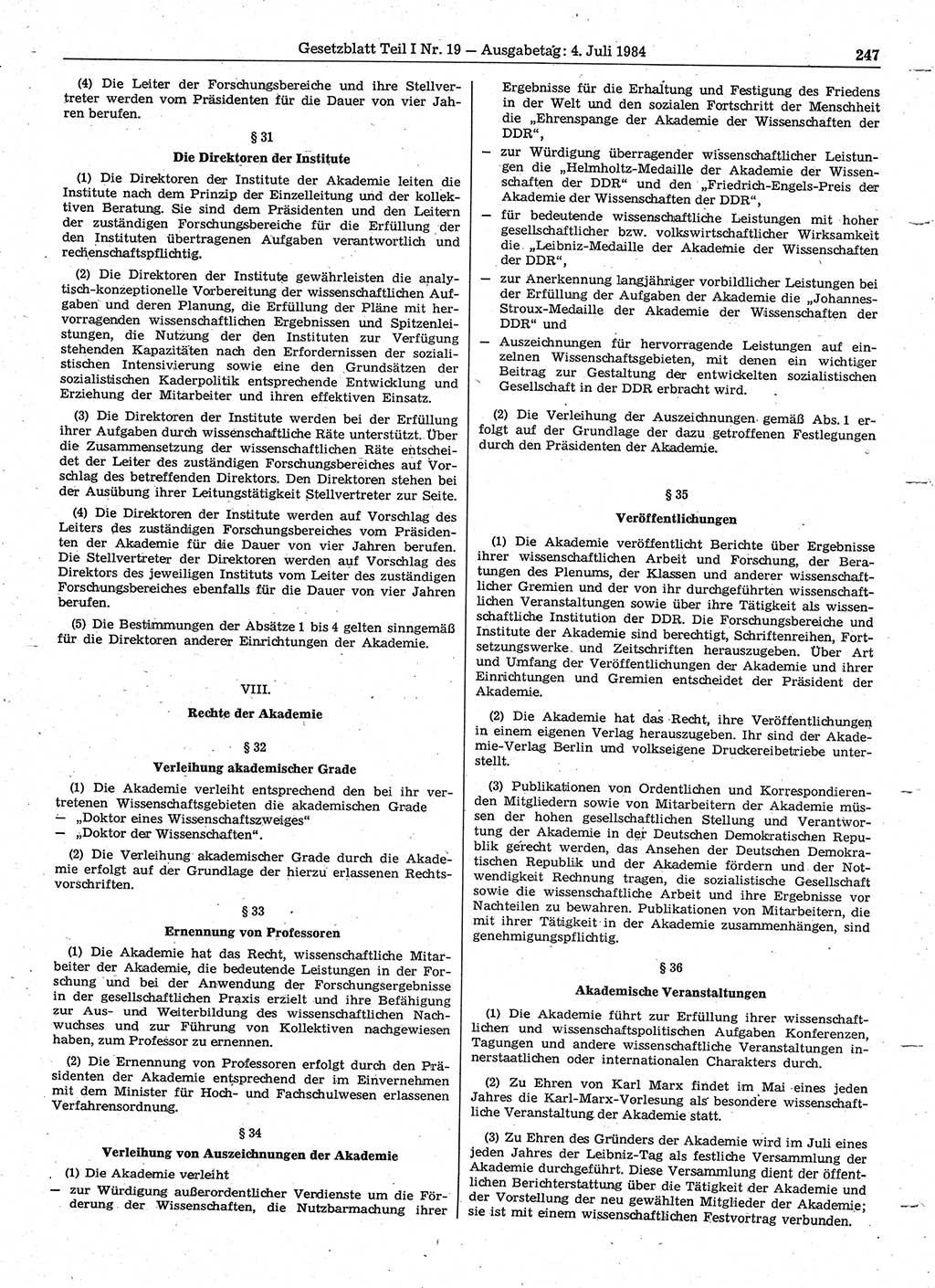 Gesetzblatt (GBl.) der Deutschen Demokratischen Republik (DDR) Teil Ⅰ 1984, Seite 247 (GBl. DDR Ⅰ 1984, S. 247)