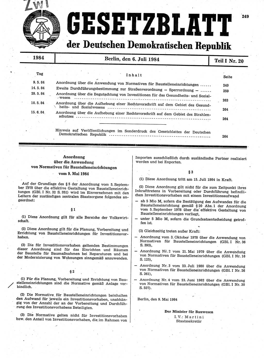 Gesetzblatt (GBl.) der Deutschen Demokratischen Republik (DDR) Teil Ⅰ 1984, Seite 249 (GBl. DDR Ⅰ 1984, S. 249)