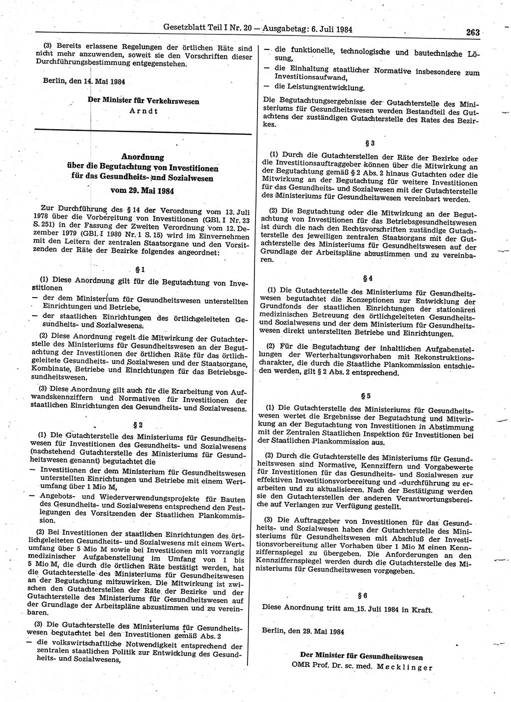 Gesetzblatt (GBl.) der Deutschen Demokratischen Republik (DDR) Teil Ⅰ 1984, Seite 263 (GBl. DDR Ⅰ 1984, S. 263)