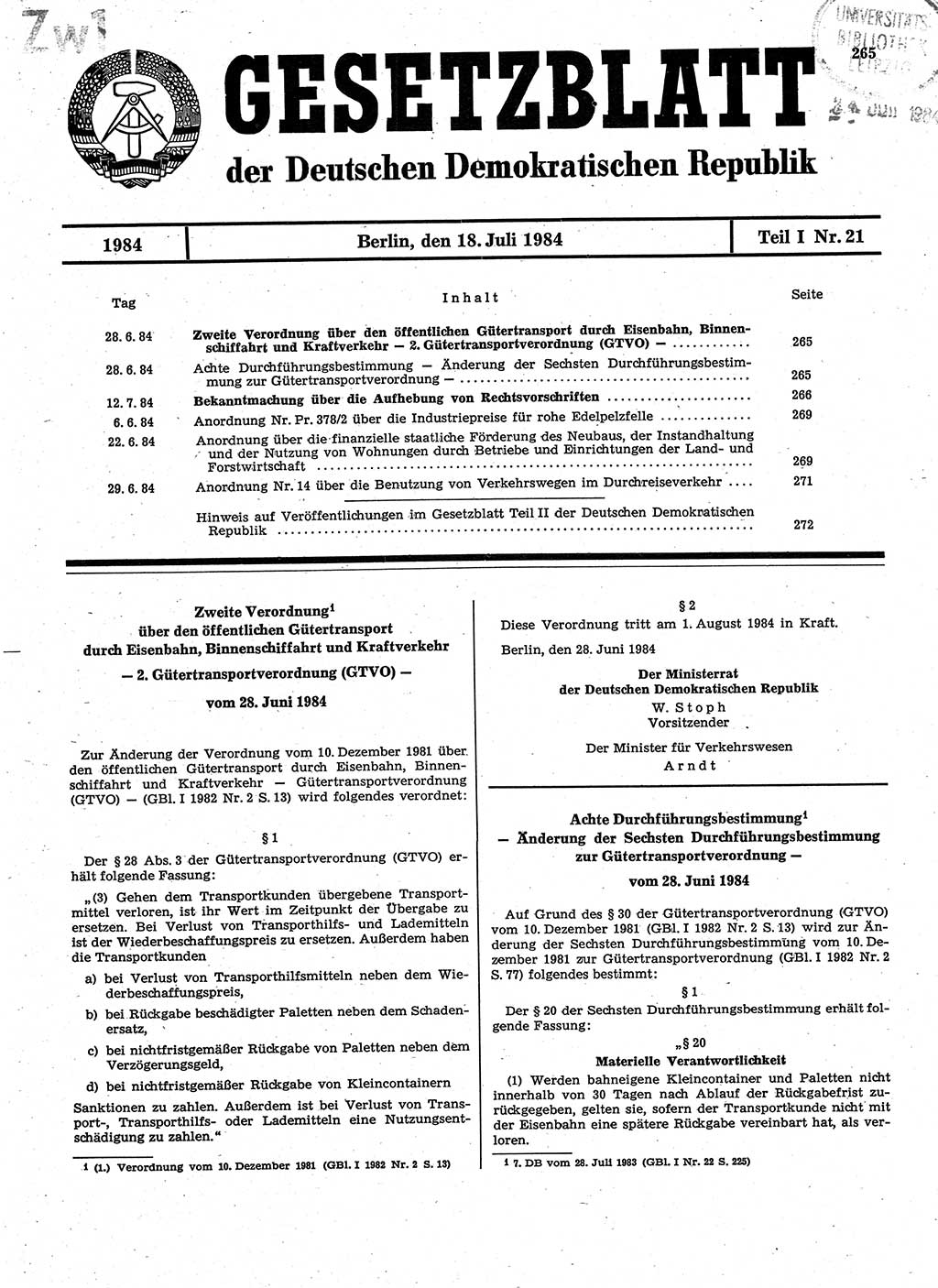 Gesetzblatt (GBl.) der Deutschen Demokratischen Republik (DDR) Teil Ⅰ 1984, Seite 265 (GBl. DDR Ⅰ 1984, S. 265)