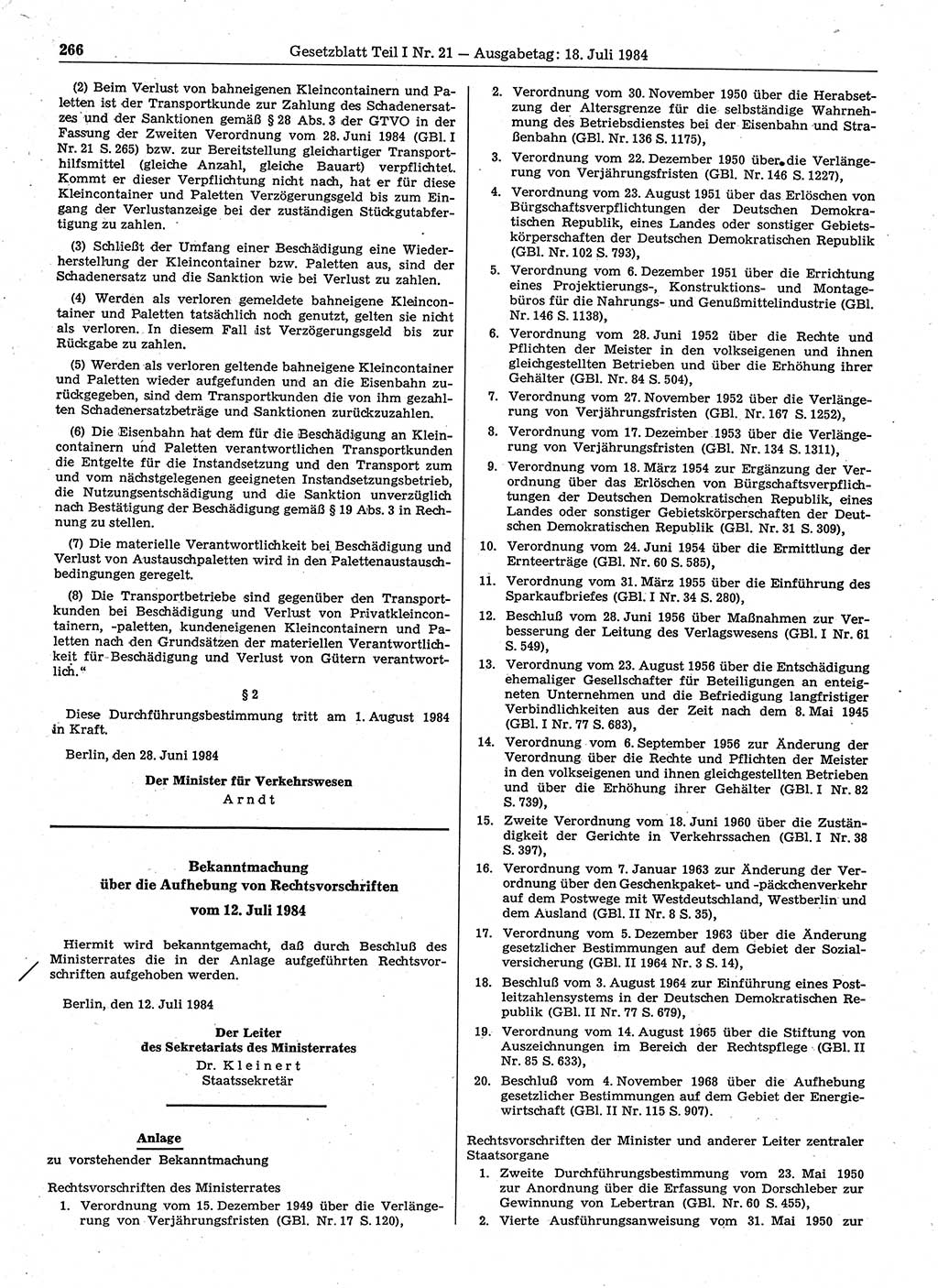 Gesetzblatt (GBl.) der Deutschen Demokratischen Republik (DDR) Teil Ⅰ 1984, Seite 266 (GBl. DDR Ⅰ 1984, S. 266)
