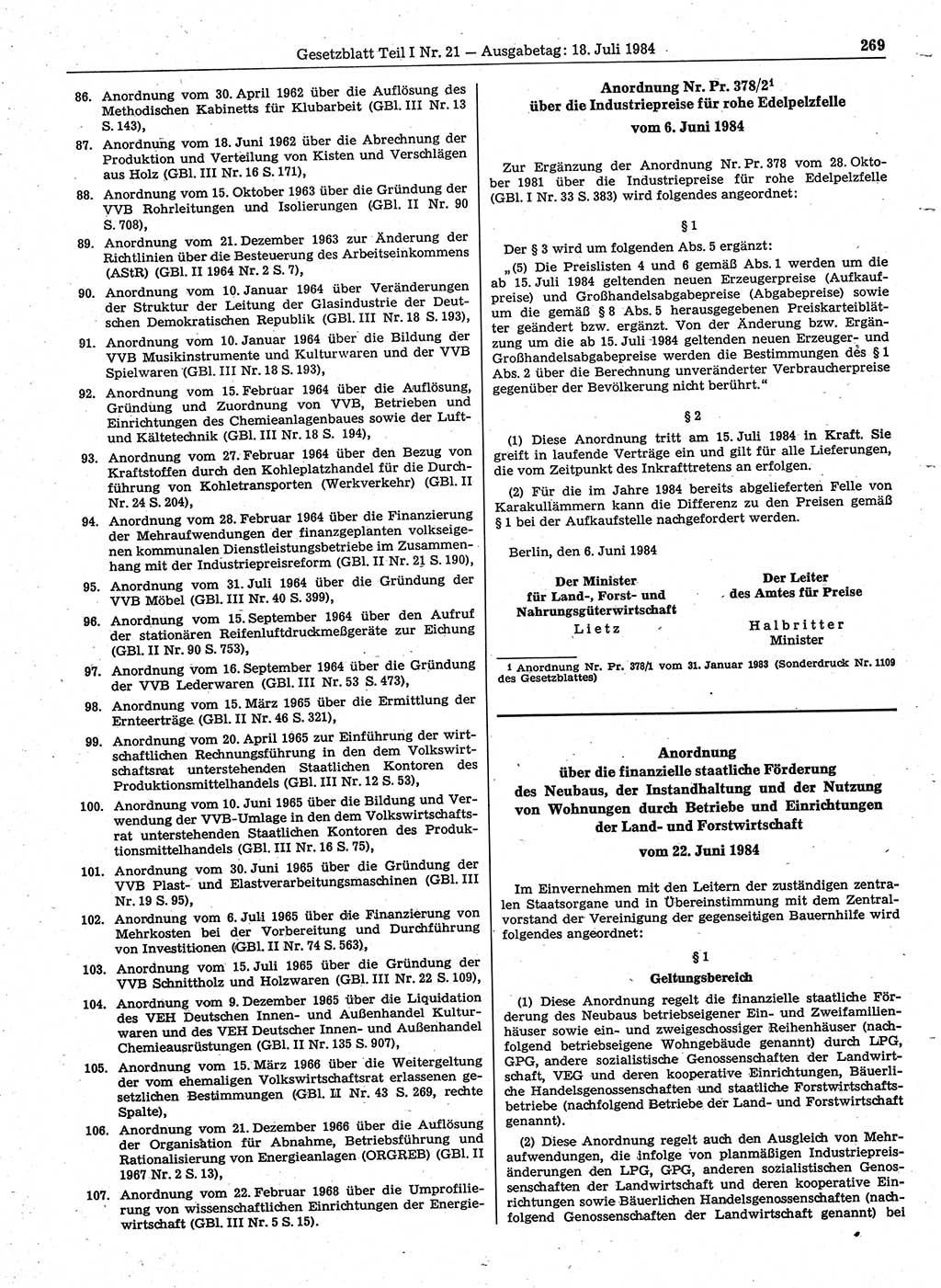 Gesetzblatt (GBl.) der Deutschen Demokratischen Republik (DDR) Teil Ⅰ 1984, Seite 269 (GBl. DDR Ⅰ 1984, S. 269)