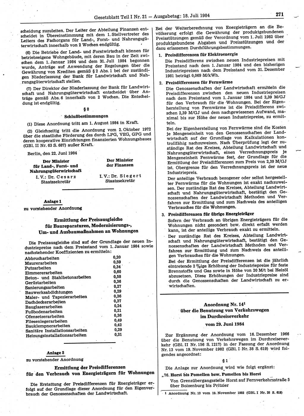 Gesetzblatt (GBl.) der Deutschen Demokratischen Republik (DDR) Teil Ⅰ 1984, Seite 271 (GBl. DDR Ⅰ 1984, S. 271)