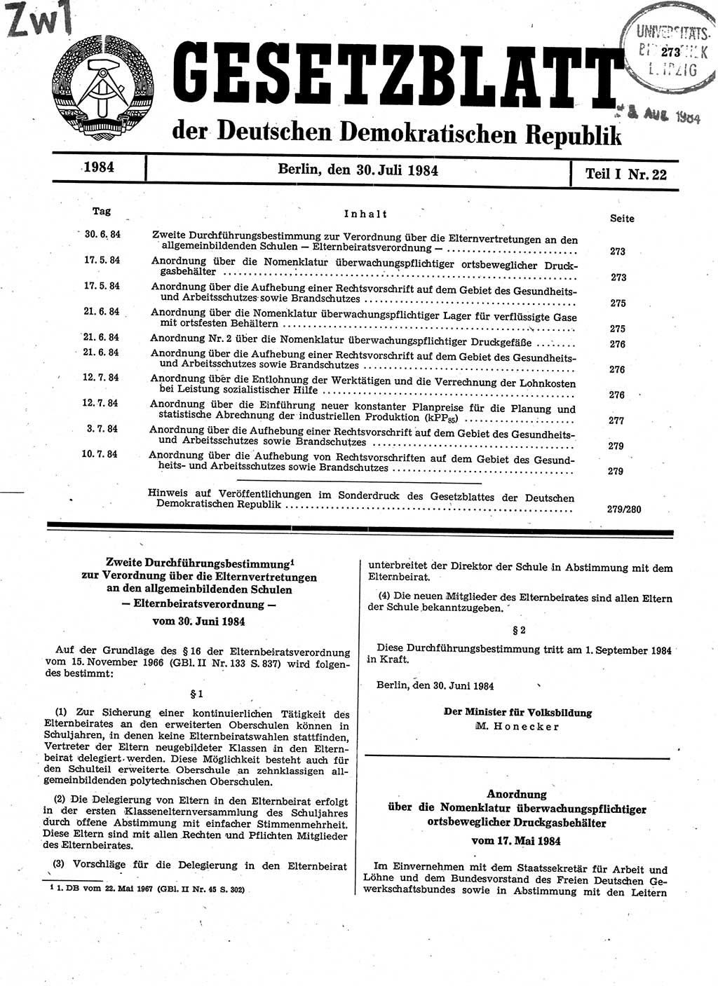 Gesetzblatt (GBl.) der Deutschen Demokratischen Republik (DDR) Teil Ⅰ 1984, Seite 273 (GBl. DDR Ⅰ 1984, S. 273)