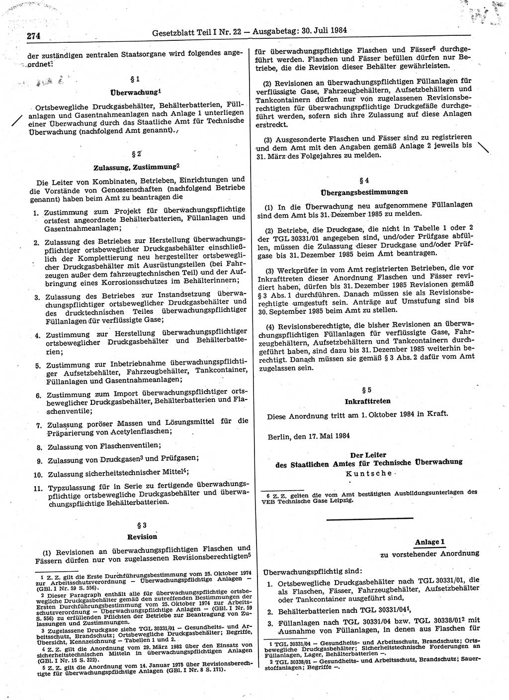 Gesetzblatt (GBl.) der Deutschen Demokratischen Republik (DDR) Teil Ⅰ 1984, Seite 274 (GBl. DDR Ⅰ 1984, S. 274)