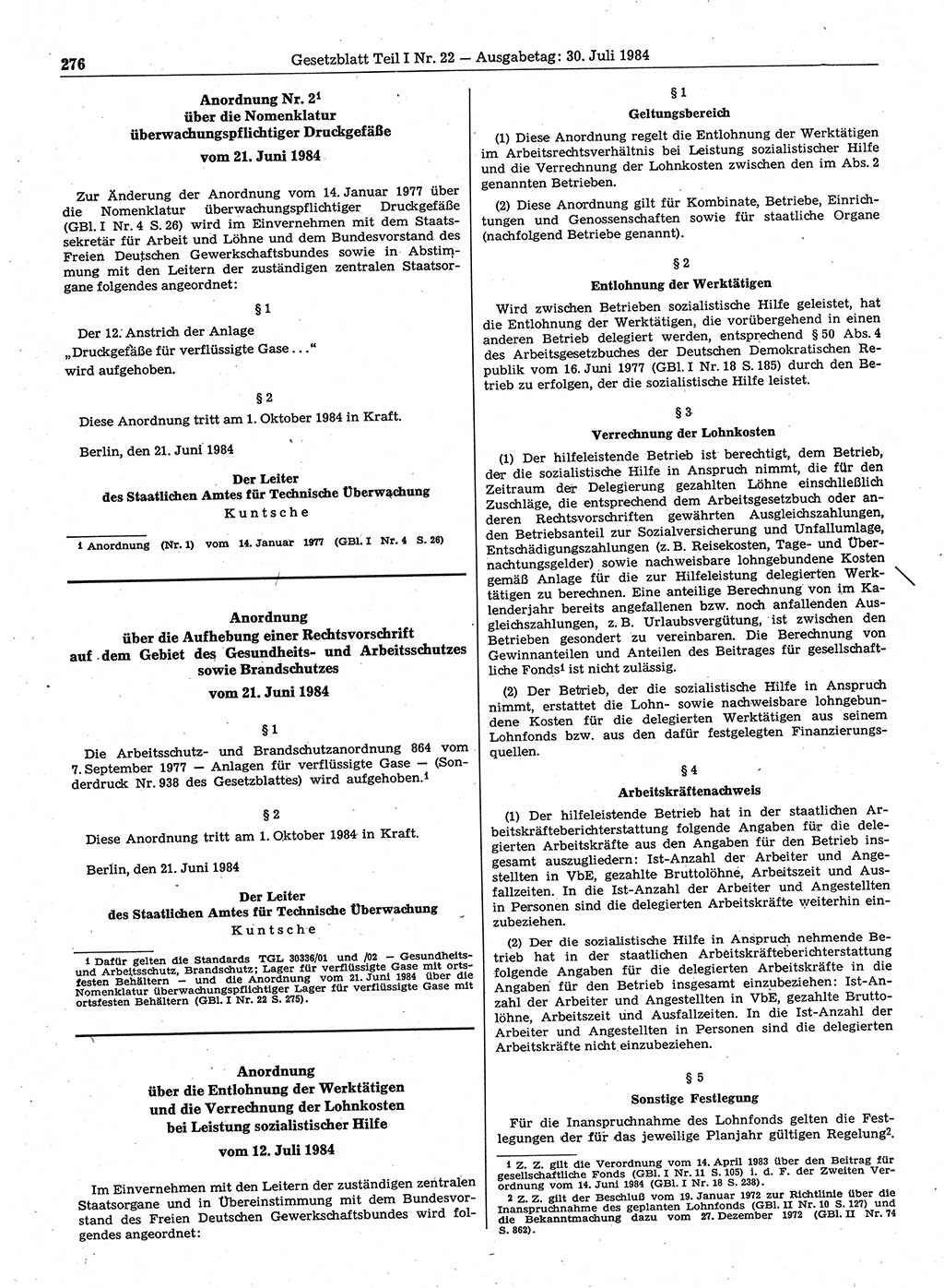 Gesetzblatt (GBl.) der Deutschen Demokratischen Republik (DDR) Teil Ⅰ 1984, Seite 276 (GBl. DDR Ⅰ 1984, S. 276)
