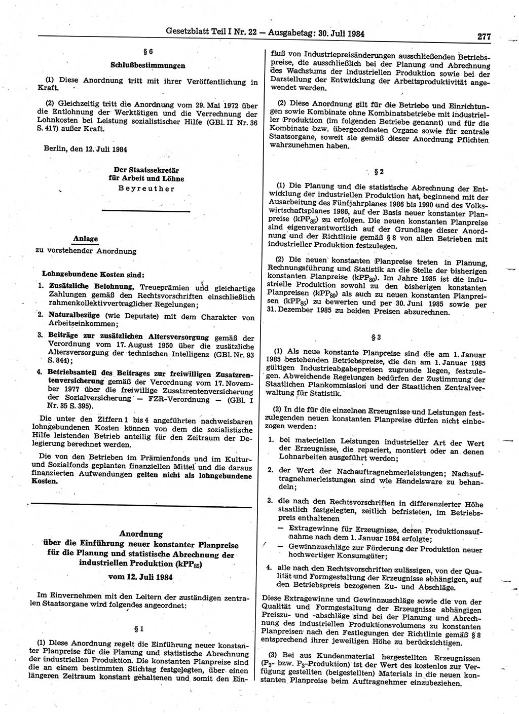 Gesetzblatt (GBl.) der Deutschen Demokratischen Republik (DDR) Teil Ⅰ 1984, Seite 277 (GBl. DDR Ⅰ 1984, S. 277)