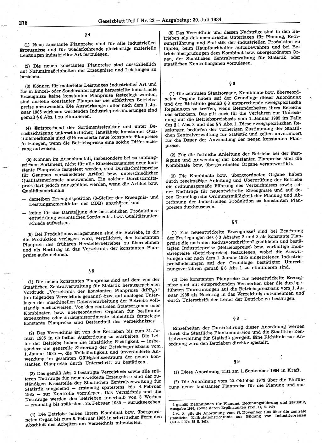 Gesetzblatt (GBl.) der Deutschen Demokratischen Republik (DDR) Teil Ⅰ 1984, Seite 278 (GBl. DDR Ⅰ 1984, S. 278)