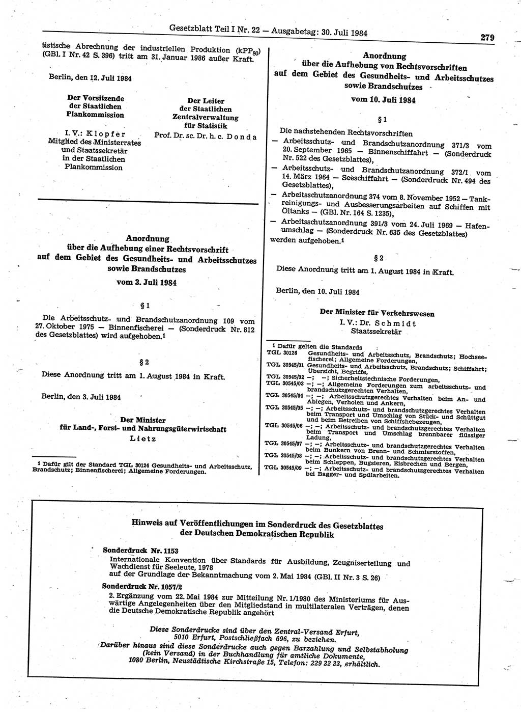 Gesetzblatt (GBl.) der Deutschen Demokratischen Republik (DDR) Teil Ⅰ 1984, Seite 279 (GBl. DDR Ⅰ 1984, S. 279)