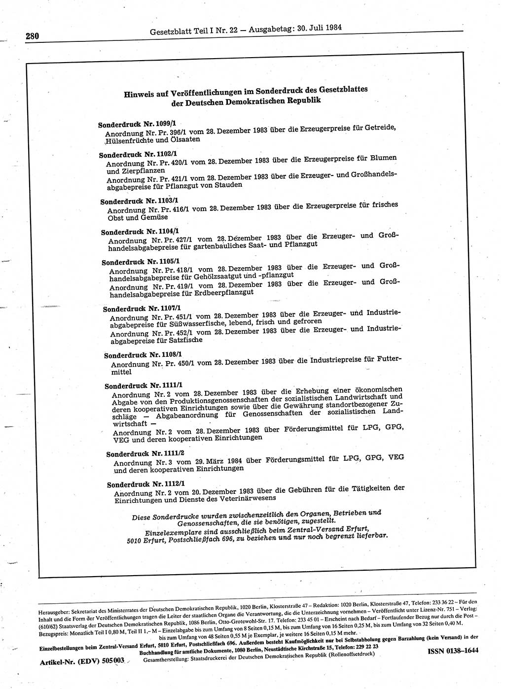 Gesetzblatt (GBl.) der Deutschen Demokratischen Republik (DDR) Teil Ⅰ 1984, Seite 280 (GBl. DDR Ⅰ 1984, S. 280)