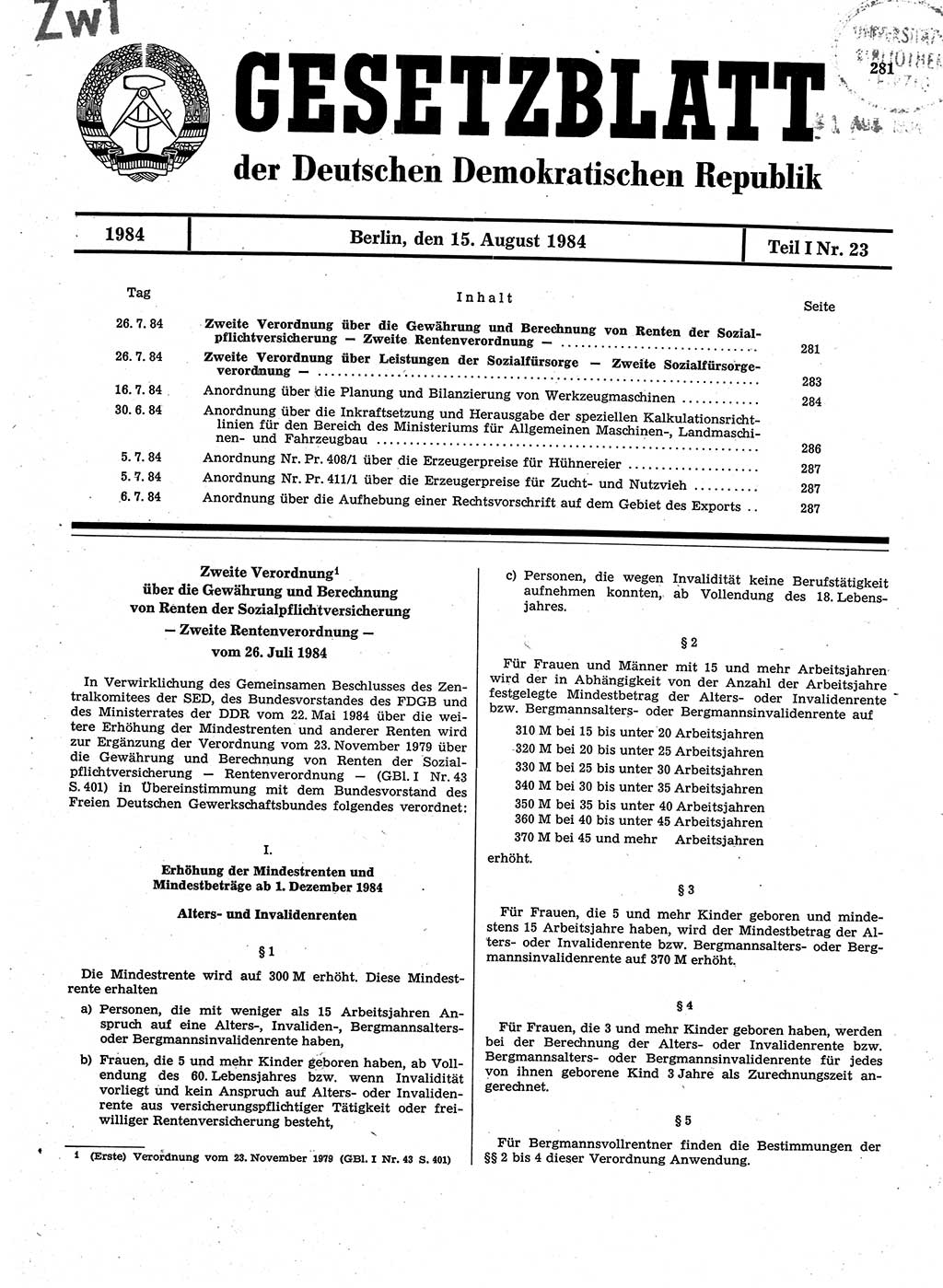 Gesetzblatt (GBl.) der Deutschen Demokratischen Republik (DDR) Teil Ⅰ 1984, Seite 281 (GBl. DDR Ⅰ 1984, S. 281)