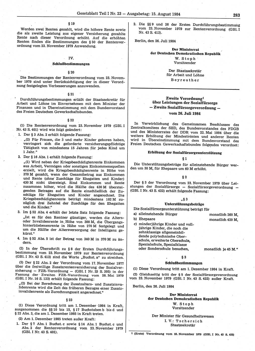 Gesetzblatt (GBl.) der Deutschen Demokratischen Republik (DDR) Teil Ⅰ 1984, Seite 283 (GBl. DDR Ⅰ 1984, S. 283)