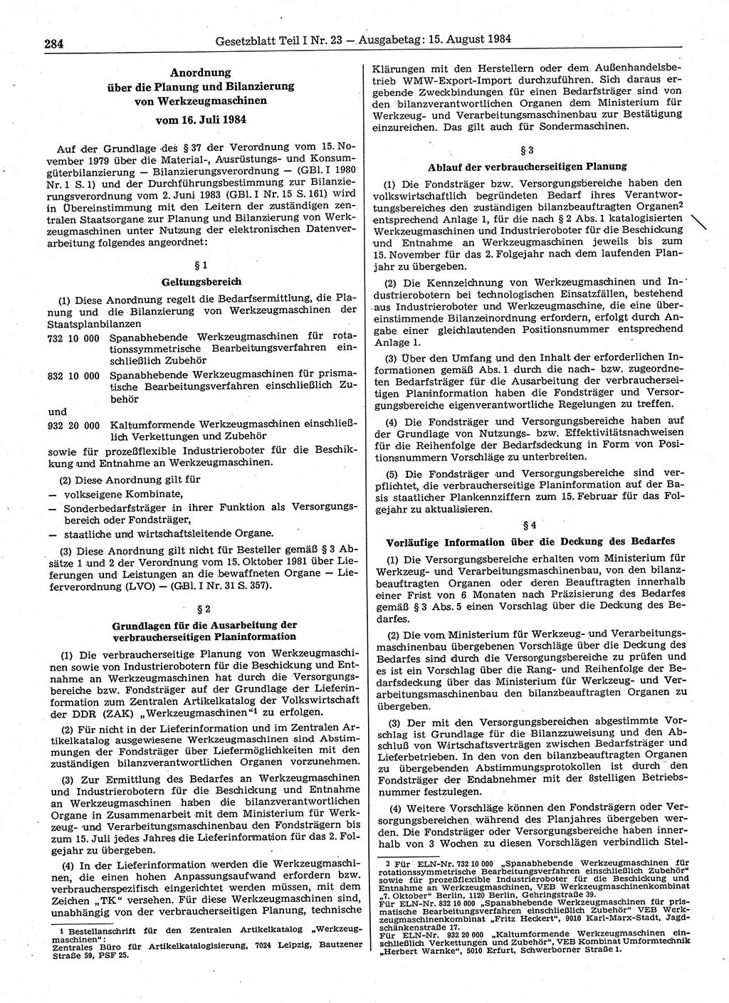 Gesetzblatt (GBl.) der Deutschen Demokratischen Republik (DDR) Teil Ⅰ 1984, Seite 284 (GBl. DDR Ⅰ 1984, S. 284)