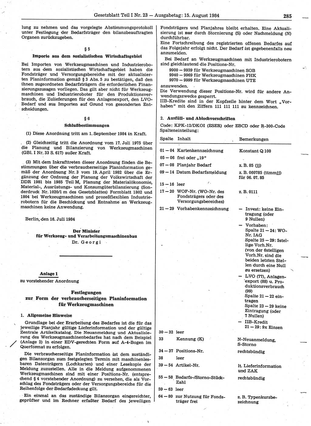Gesetzblatt (GBl.) der Deutschen Demokratischen Republik (DDR) Teil Ⅰ 1984, Seite 285 (GBl. DDR Ⅰ 1984, S. 285)