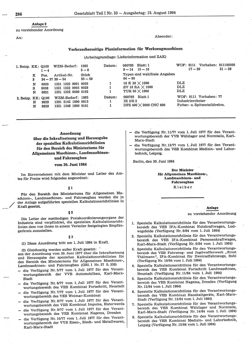 Gesetzblatt (GBl.) der Deutschen Demokratischen Republik (DDR) Teil Ⅰ 1984, Seite 286 (GBl. DDR Ⅰ 1984, S. 286)