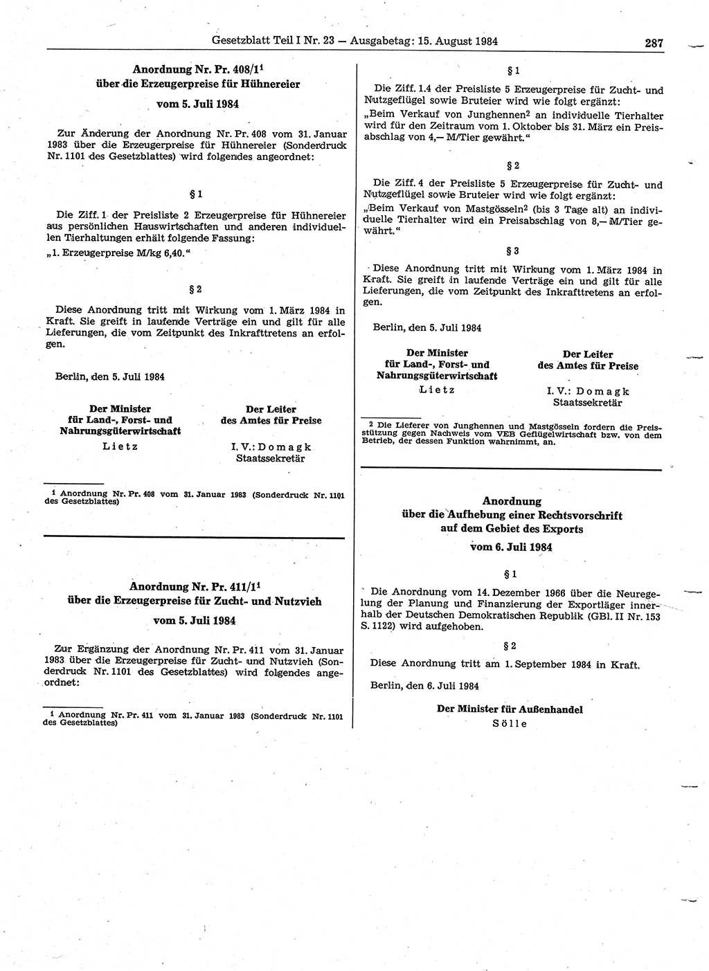 Gesetzblatt (GBl.) der Deutschen Demokratischen Republik (DDR) Teil Ⅰ 1984, Seite 287 (GBl. DDR Ⅰ 1984, S. 287)