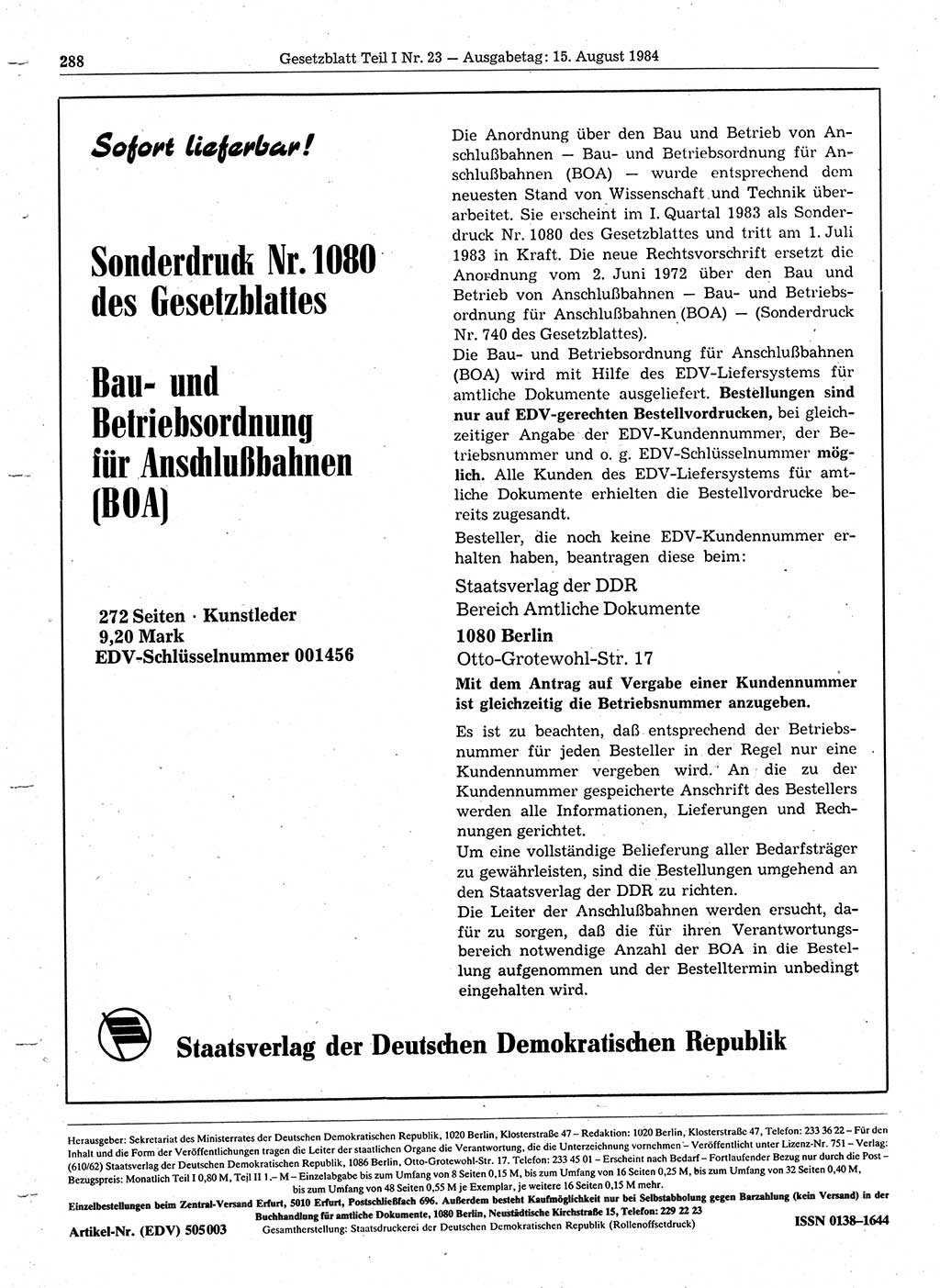 Gesetzblatt (GBl.) der Deutschen Demokratischen Republik (DDR) Teil Ⅰ 1984, Seite 288 (GBl. DDR Ⅰ 1984, S. 288)