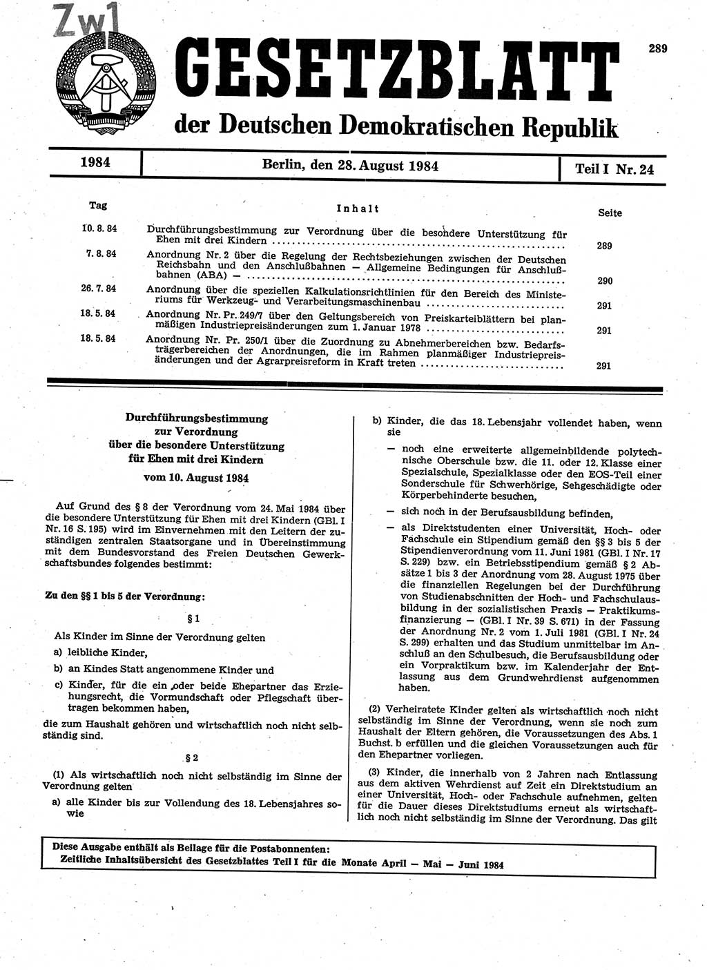 Gesetzblatt (GBl.) der Deutschen Demokratischen Republik (DDR) Teil Ⅰ 1984, Seite 289 (GBl. DDR Ⅰ 1984, S. 289)