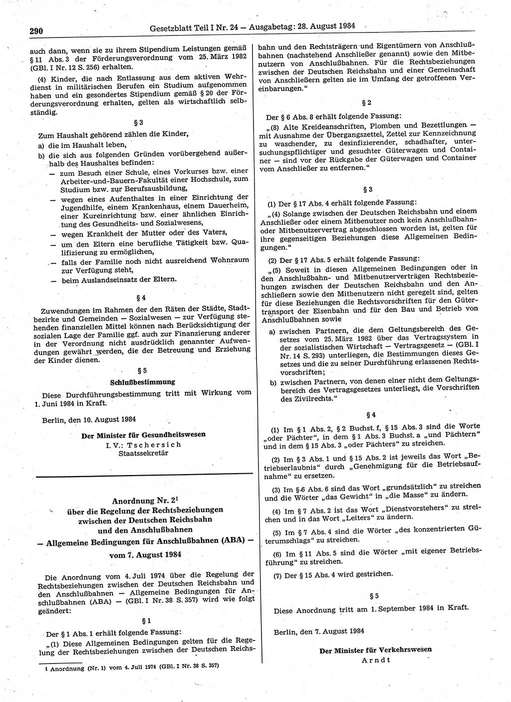 Gesetzblatt (GBl.) der Deutschen Demokratischen Republik (DDR) Teil Ⅰ 1984, Seite 290 (GBl. DDR Ⅰ 1984, S. 290)