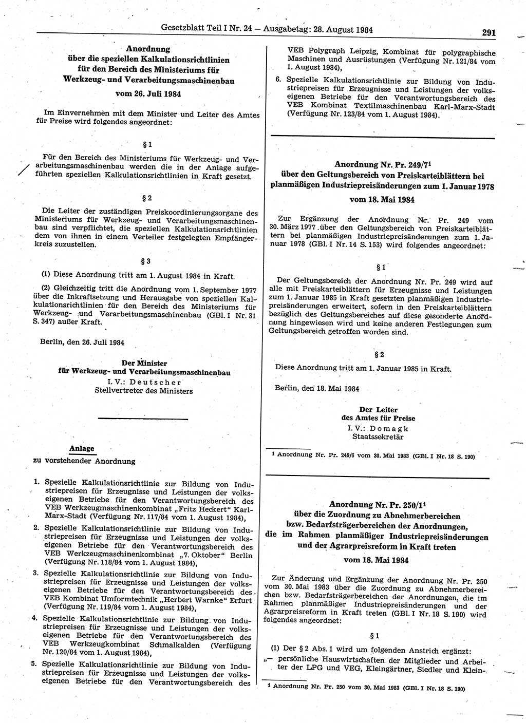 Gesetzblatt (GBl.) der Deutschen Demokratischen Republik (DDR) Teil Ⅰ 1984, Seite 291 (GBl. DDR Ⅰ 1984, S. 291)