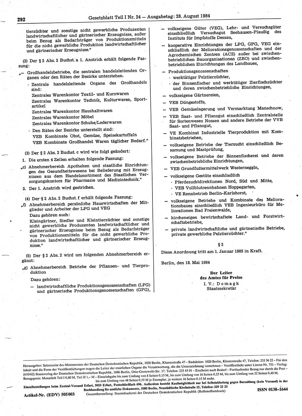 Gesetzblatt (GBl.) der Deutschen Demokratischen Republik (DDR) Teil Ⅰ 1984, Seite 292 (GBl. DDR Ⅰ 1984, S. 292)