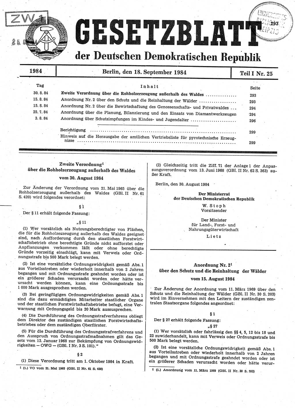 Gesetzblatt (GBl.) der Deutschen Demokratischen Republik (DDR) Teil Ⅰ 1984, Seite 293 (GBl. DDR Ⅰ 1984, S. 293)