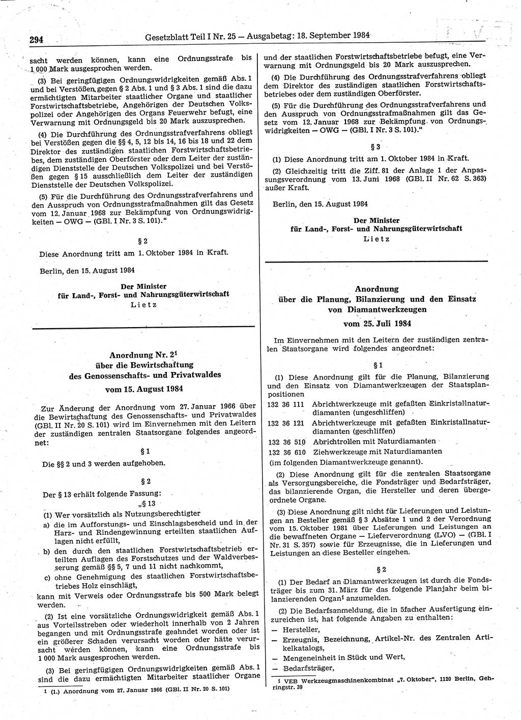 Gesetzblatt (GBl.) der Deutschen Demokratischen Republik (DDR) Teil Ⅰ 1984, Seite 294 (GBl. DDR Ⅰ 1984, S. 294)