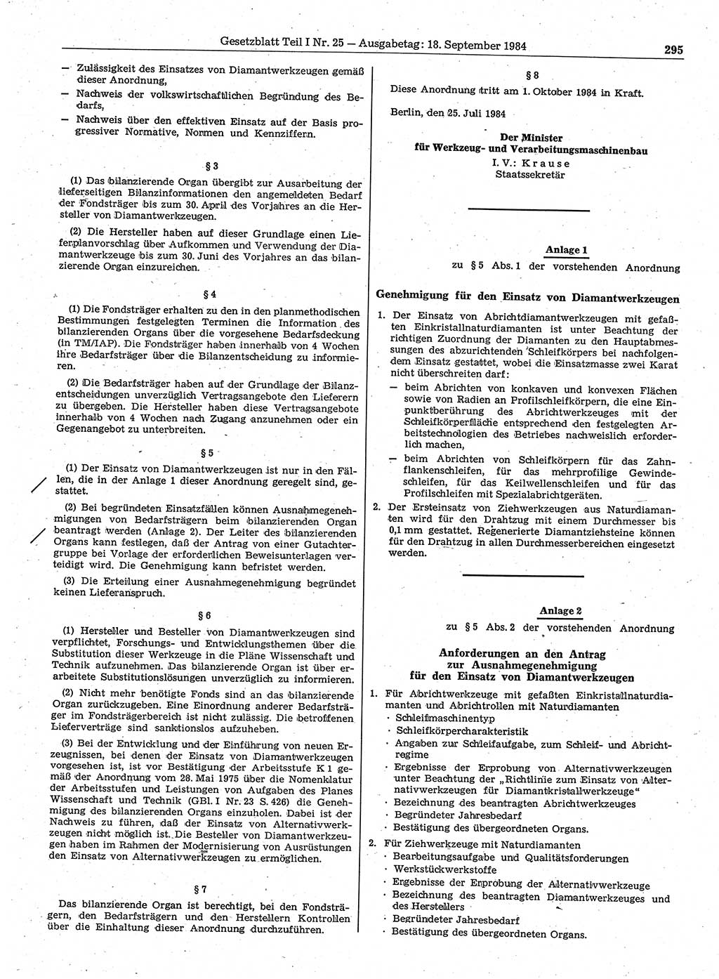 Gesetzblatt (GBl.) der Deutschen Demokratischen Republik (DDR) Teil Ⅰ 1984, Seite 295 (GBl. DDR Ⅰ 1984, S. 295)