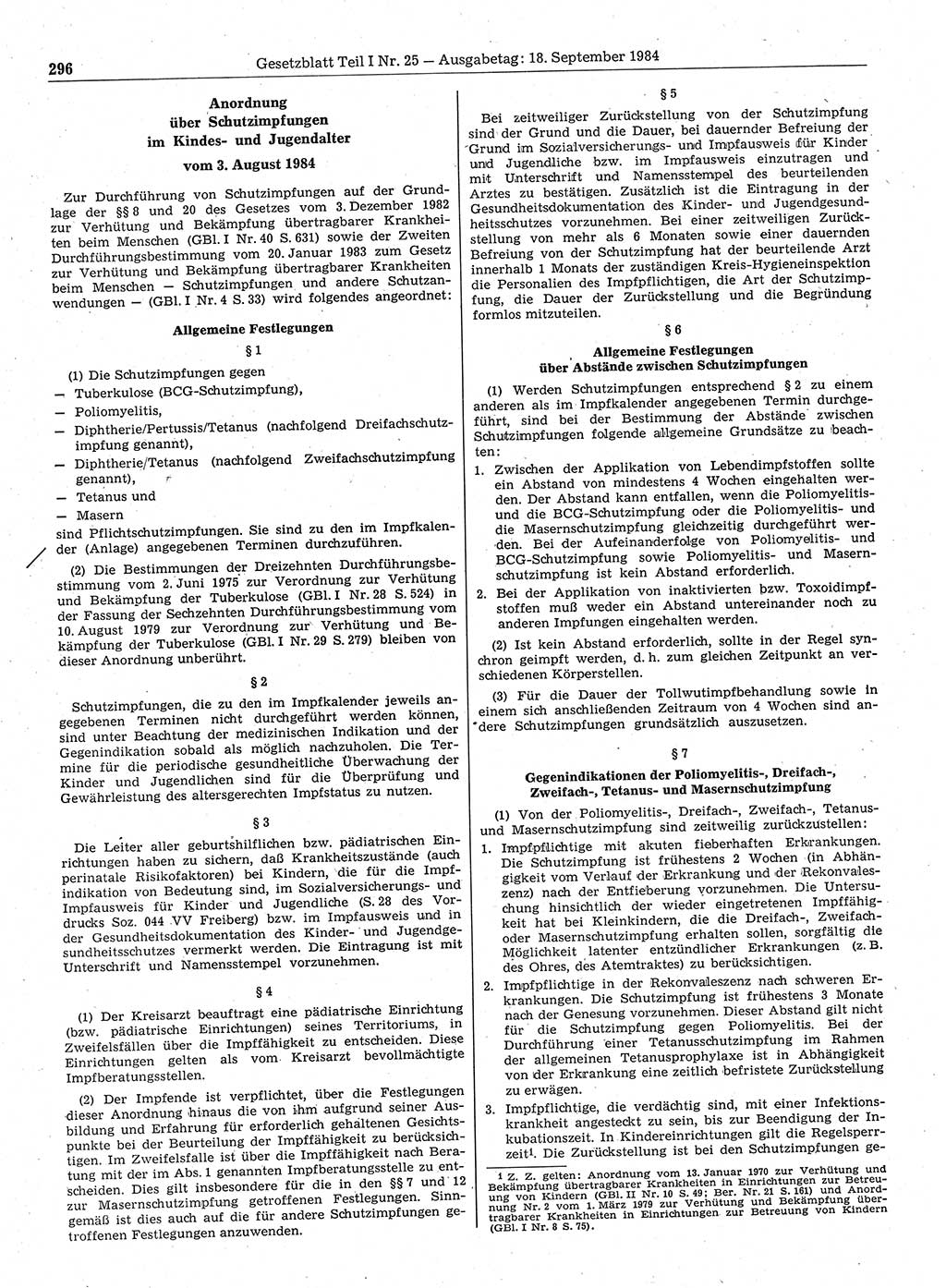 Gesetzblatt (GBl.) der Deutschen Demokratischen Republik (DDR) Teil Ⅰ 1984, Seite 296 (GBl. DDR Ⅰ 1984, S. 296)