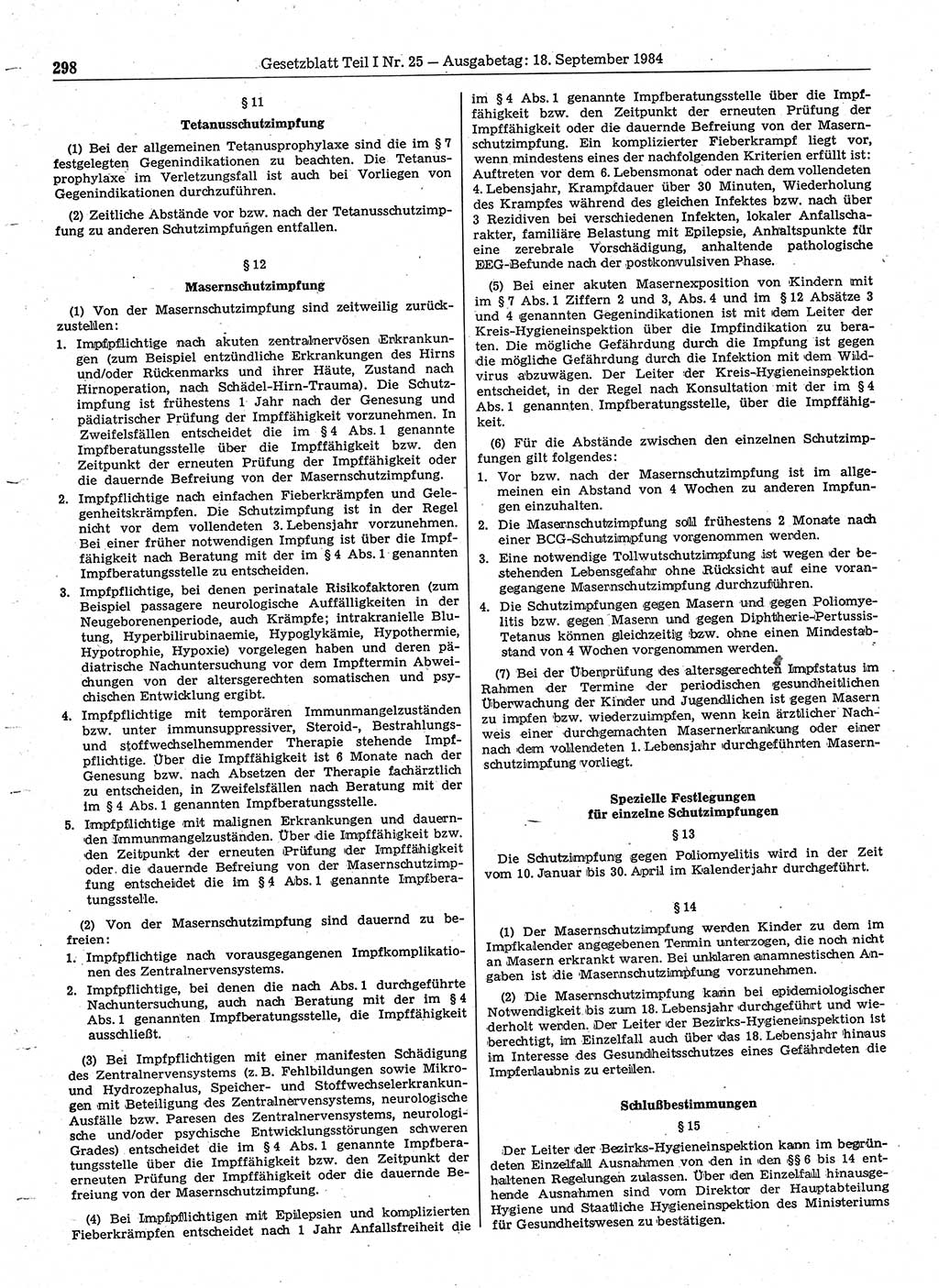 Gesetzblatt (GBl.) der Deutschen Demokratischen Republik (DDR) Teil Ⅰ 1984, Seite 298 (GBl. DDR Ⅰ 1984, S. 298)