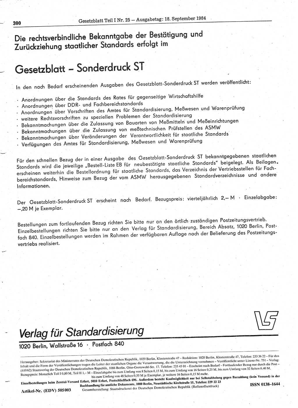 Gesetzblatt (GBl.) der Deutschen Demokratischen Republik (DDR) Teil Ⅰ 1984, Seite 300 (GBl. DDR Ⅰ 1984, S. 300)