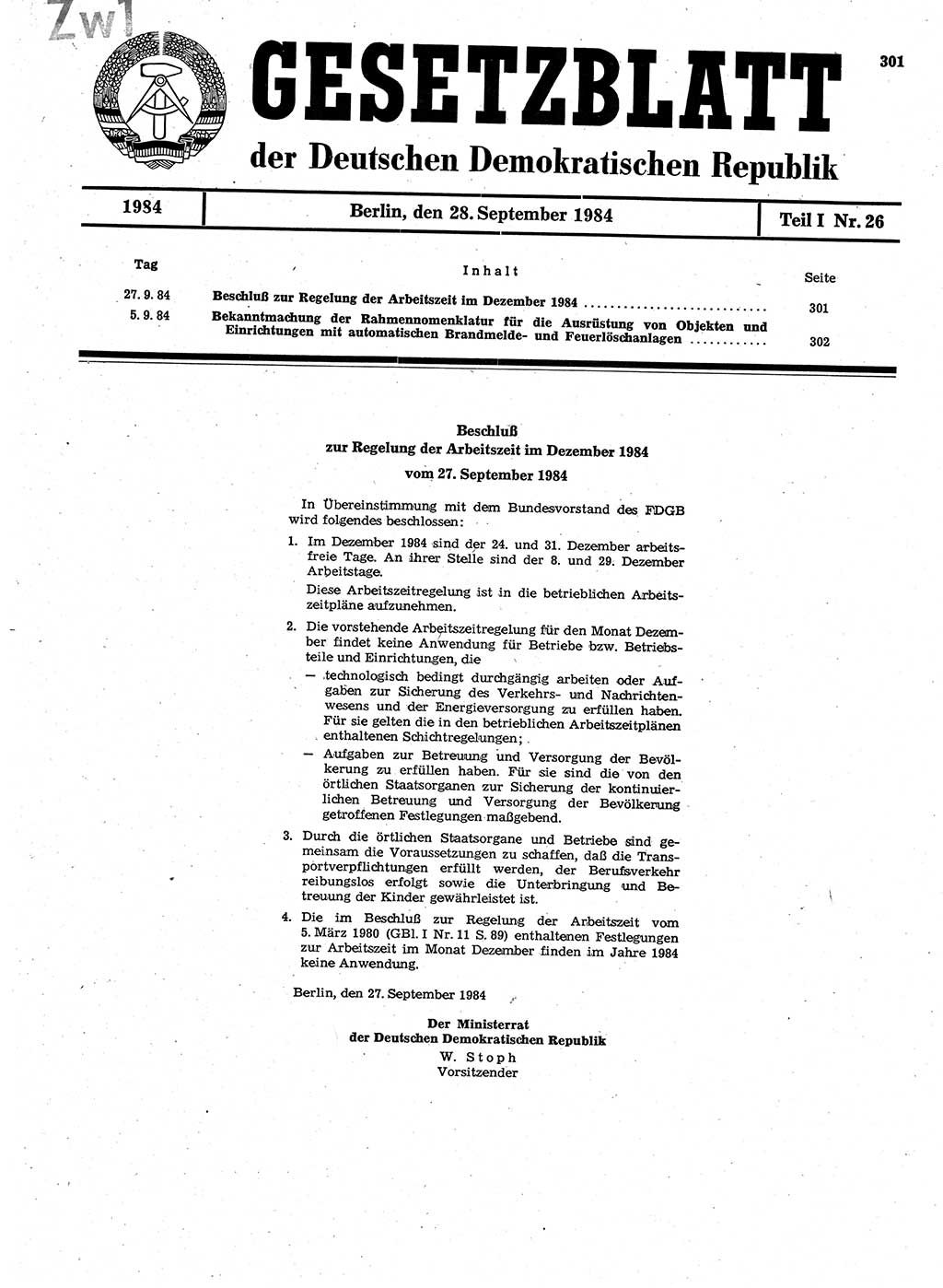 Gesetzblatt (GBl.) der Deutschen Demokratischen Republik (DDR) Teil Ⅰ 1984, Seite 301 (GBl. DDR Ⅰ 1984, S. 301)