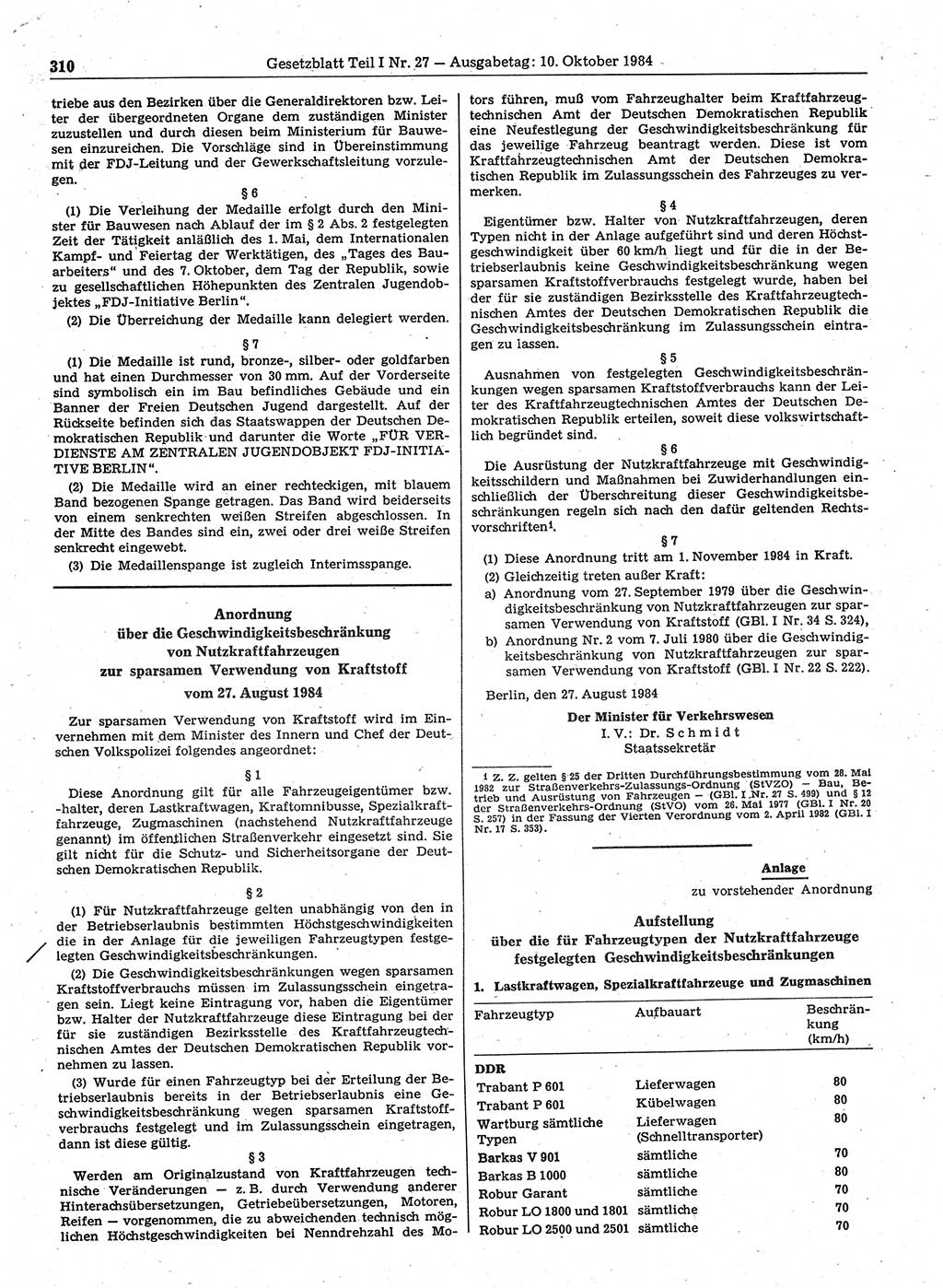 Gesetzblatt (GBl.) der Deutschen Demokratischen Republik (DDR) Teil Ⅰ 1984, Seite 310 (GBl. DDR Ⅰ 1984, S. 310)