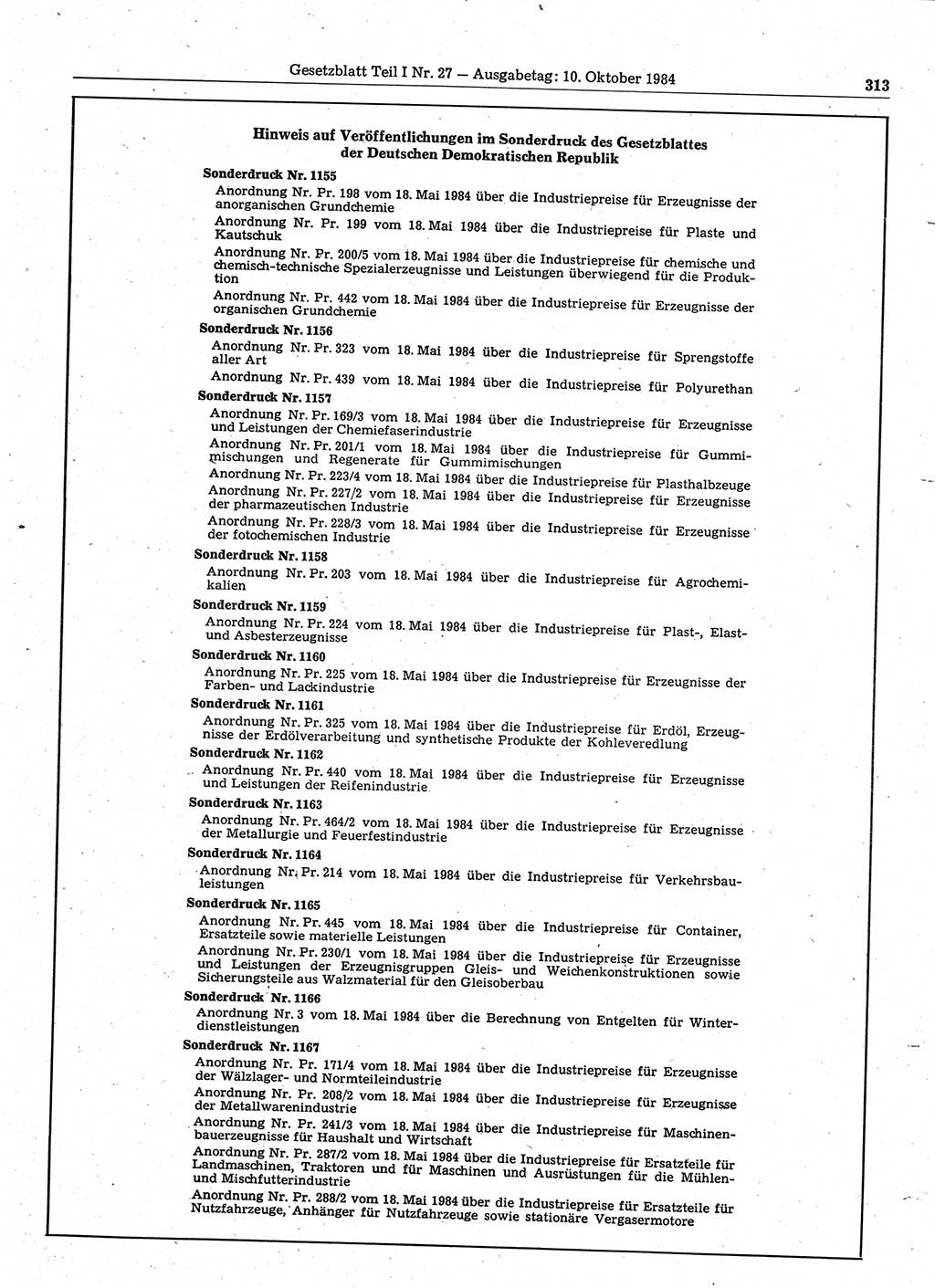 Gesetzblatt (GBl.) der Deutschen Demokratischen Republik (DDR) Teil Ⅰ 1984, Seite 313 (GBl. DDR Ⅰ 1984, S. 313)