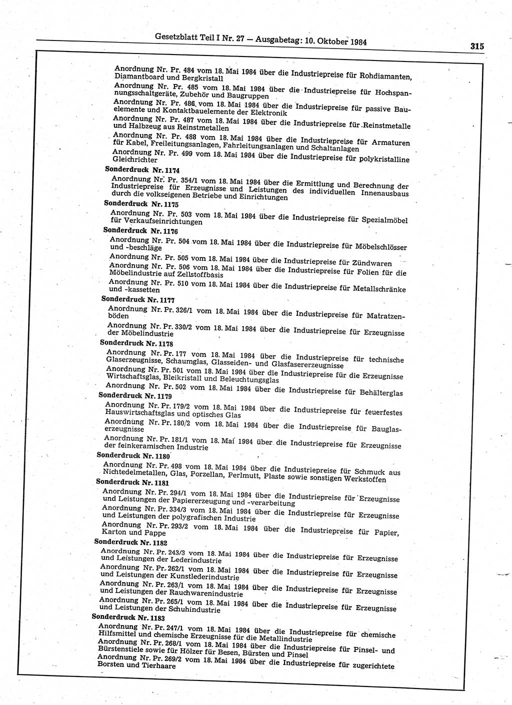 Gesetzblatt (GBl.) der Deutschen Demokratischen Republik (DDR) Teil Ⅰ 1984, Seite 315 (GBl. DDR Ⅰ 1984, S. 315)