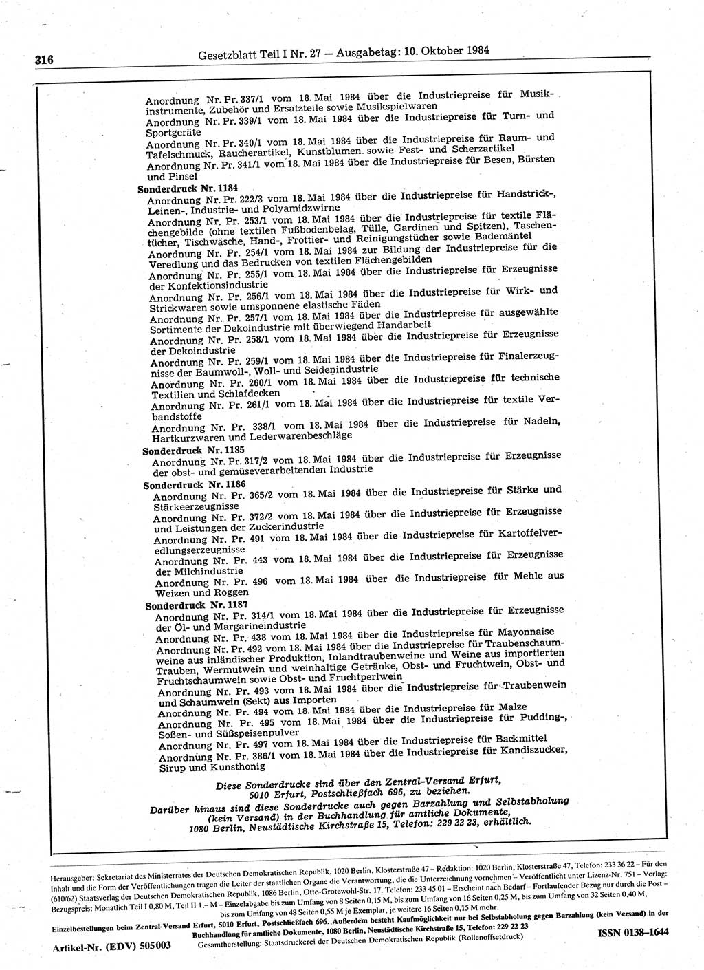 Gesetzblatt (GBl.) der Deutschen Demokratischen Republik (DDR) Teil Ⅰ 1984, Seite 316 (GBl. DDR Ⅰ 1984, S. 316)