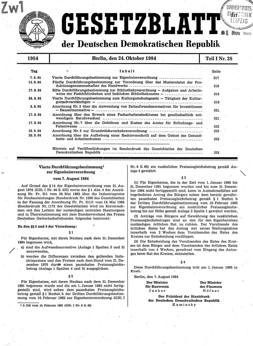 Gesetzblatt (GBl.) der Deutschen Demokratischen Republik (DDR) Teil Ⅰ 1984, Seite 317 (GBl. DDR Ⅰ 1984, S. 317)