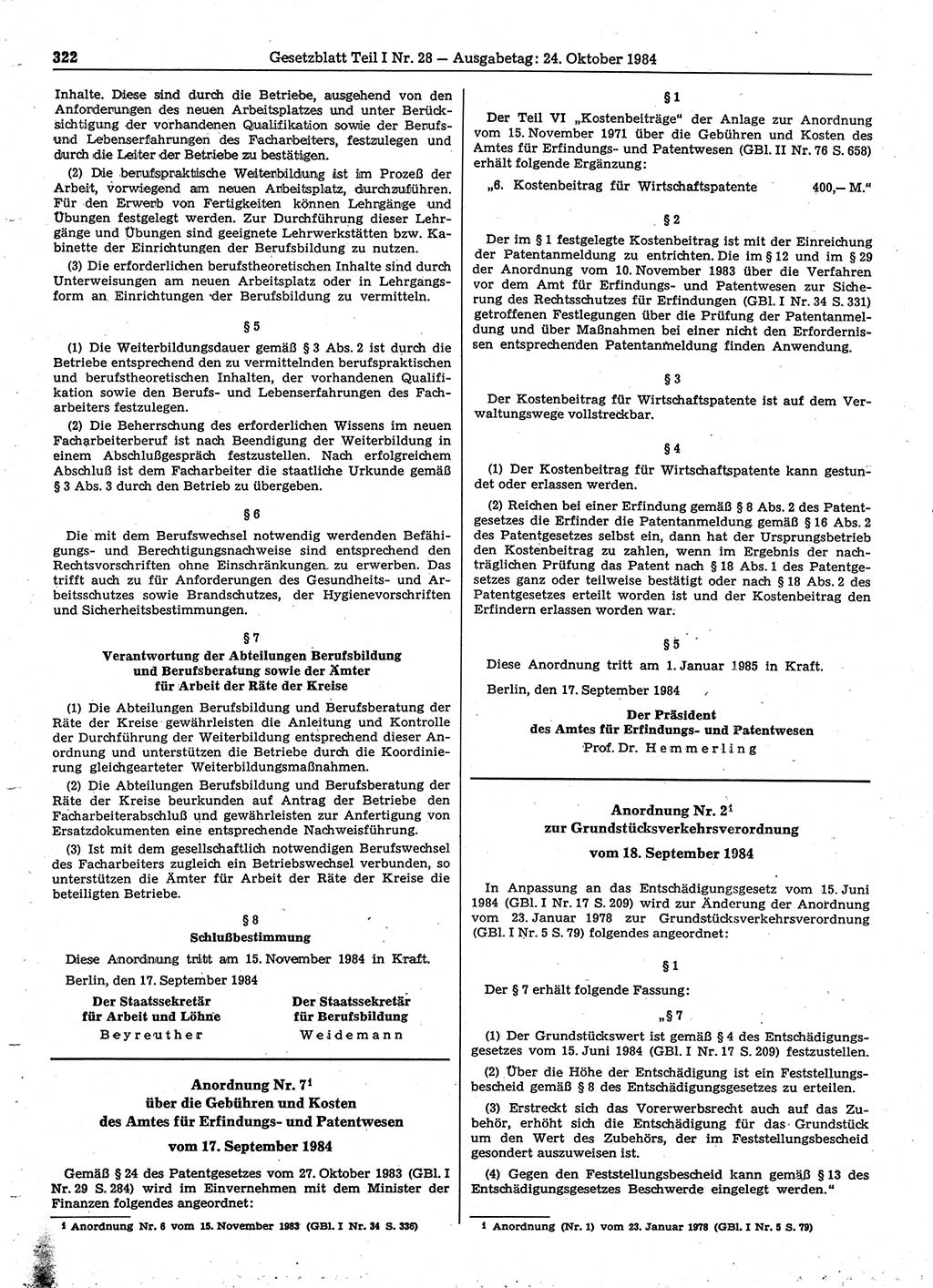 Gesetzblatt (GBl.) der Deutschen Demokratischen Republik (DDR) Teil Ⅰ 1984, Seite 322 (GBl. DDR Ⅰ 1984, S. 322)