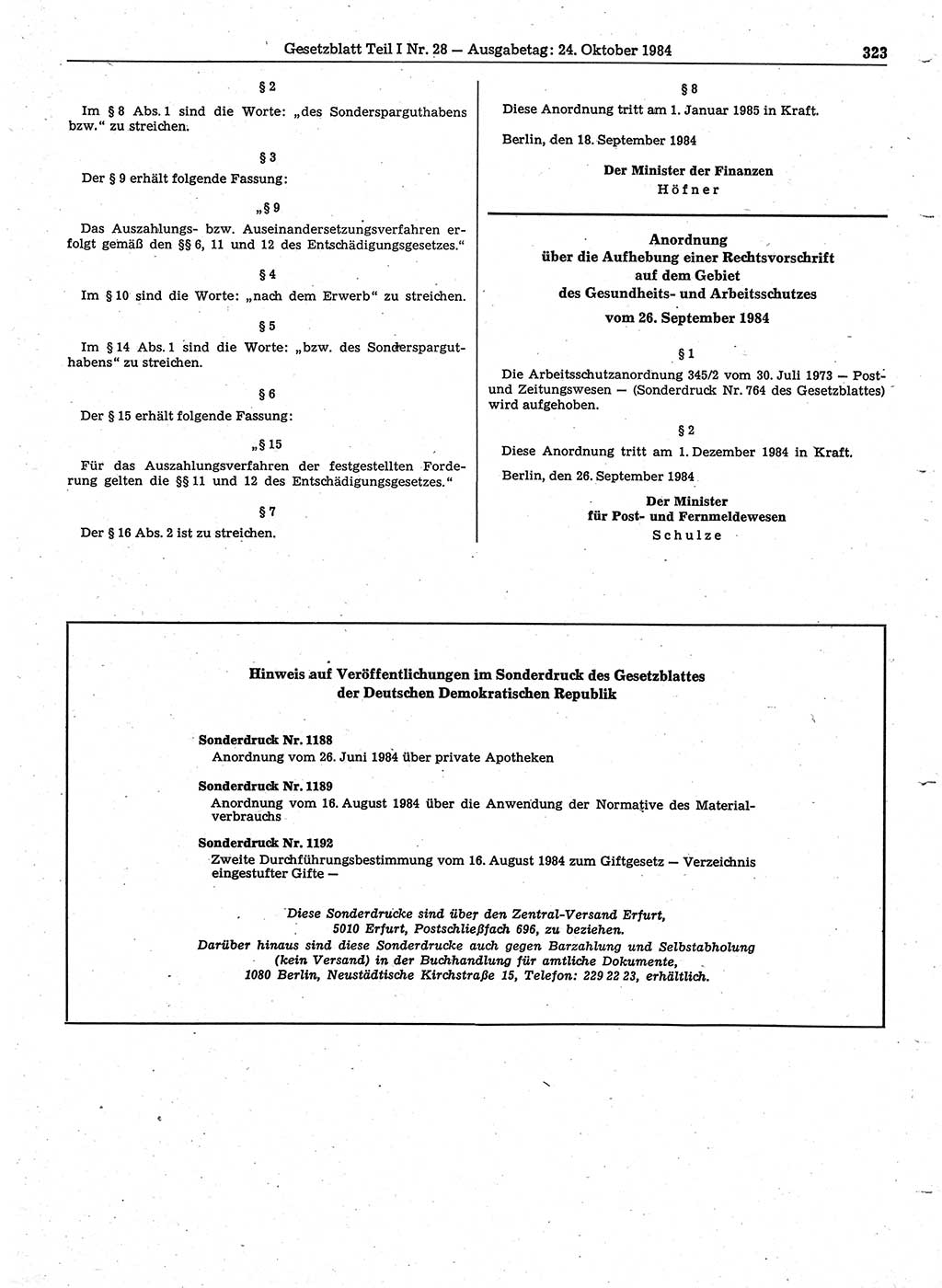 Gesetzblatt (GBl.) der Deutschen Demokratischen Republik (DDR) Teil Ⅰ 1984, Seite 323 (GBl. DDR Ⅰ 1984, S. 323)
