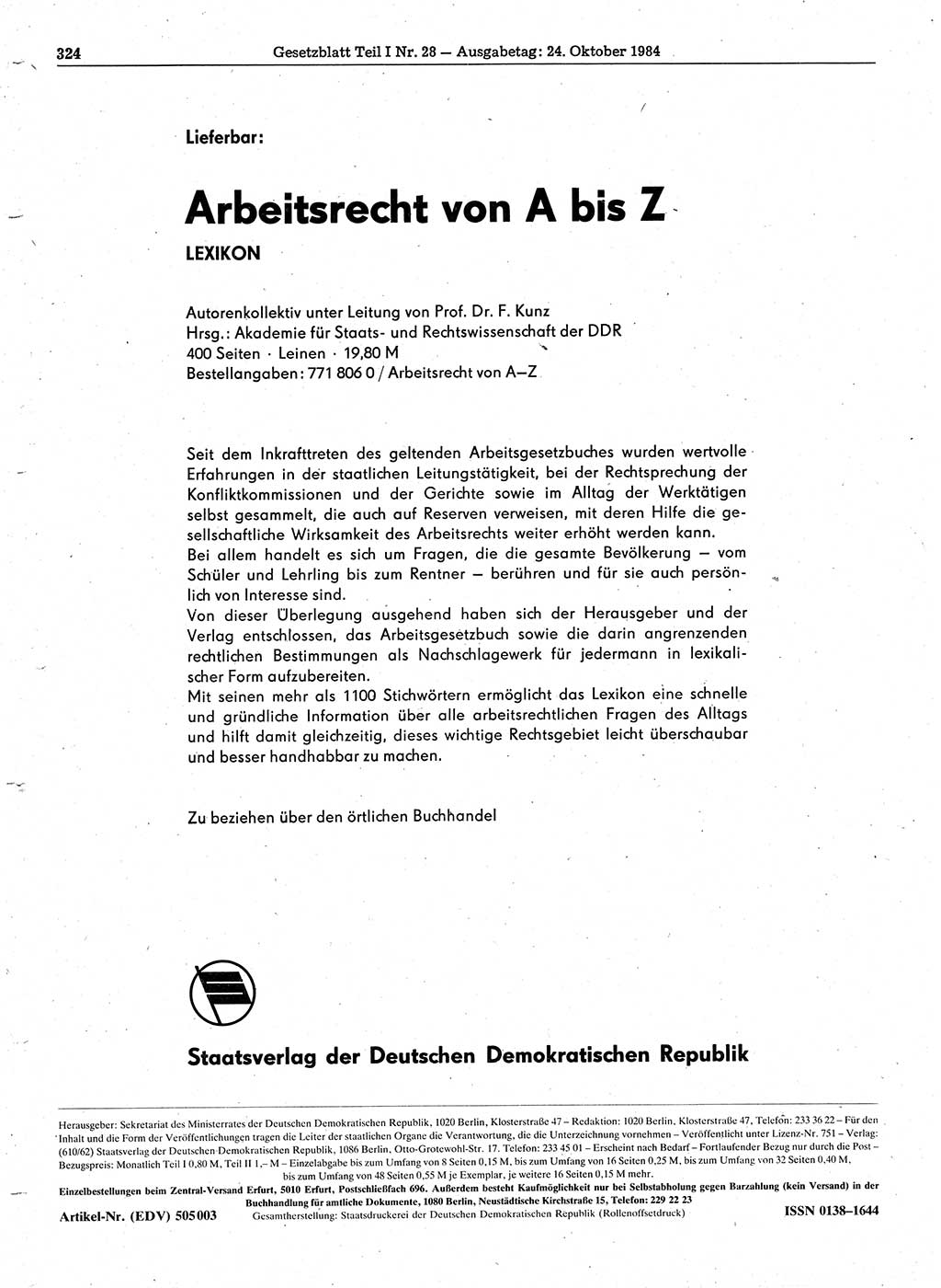 Gesetzblatt (GBl.) der Deutschen Demokratischen Republik (DDR) Teil Ⅰ 1984, Seite 324 (GBl. DDR Ⅰ 1984, S. 324)