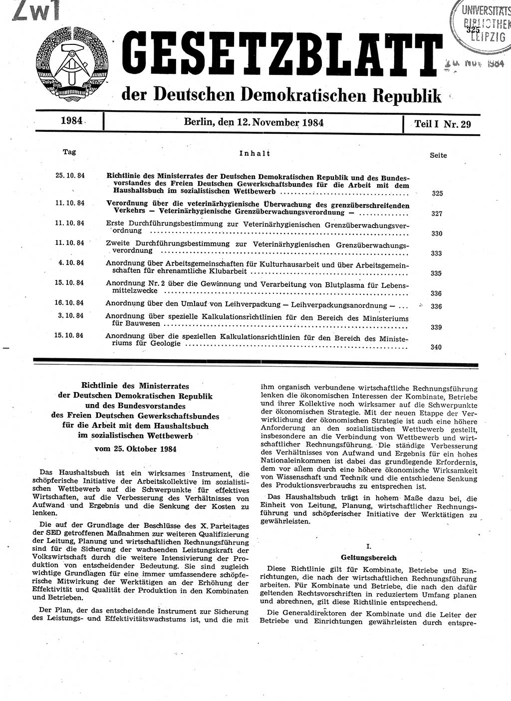 Gesetzblatt (GBl.) der Deutschen Demokratischen Republik (DDR) Teil Ⅰ 1984, Seite 325 (GBl. DDR Ⅰ 1984, S. 325)