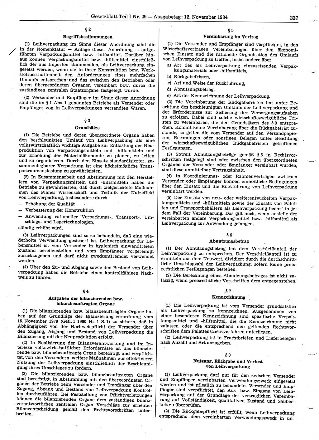 Gesetzblatt (GBl.) der Deutschen Demokratischen Republik (DDR) Teil Ⅰ 1984, Seite 337 (GBl. DDR Ⅰ 1984, S. 337)