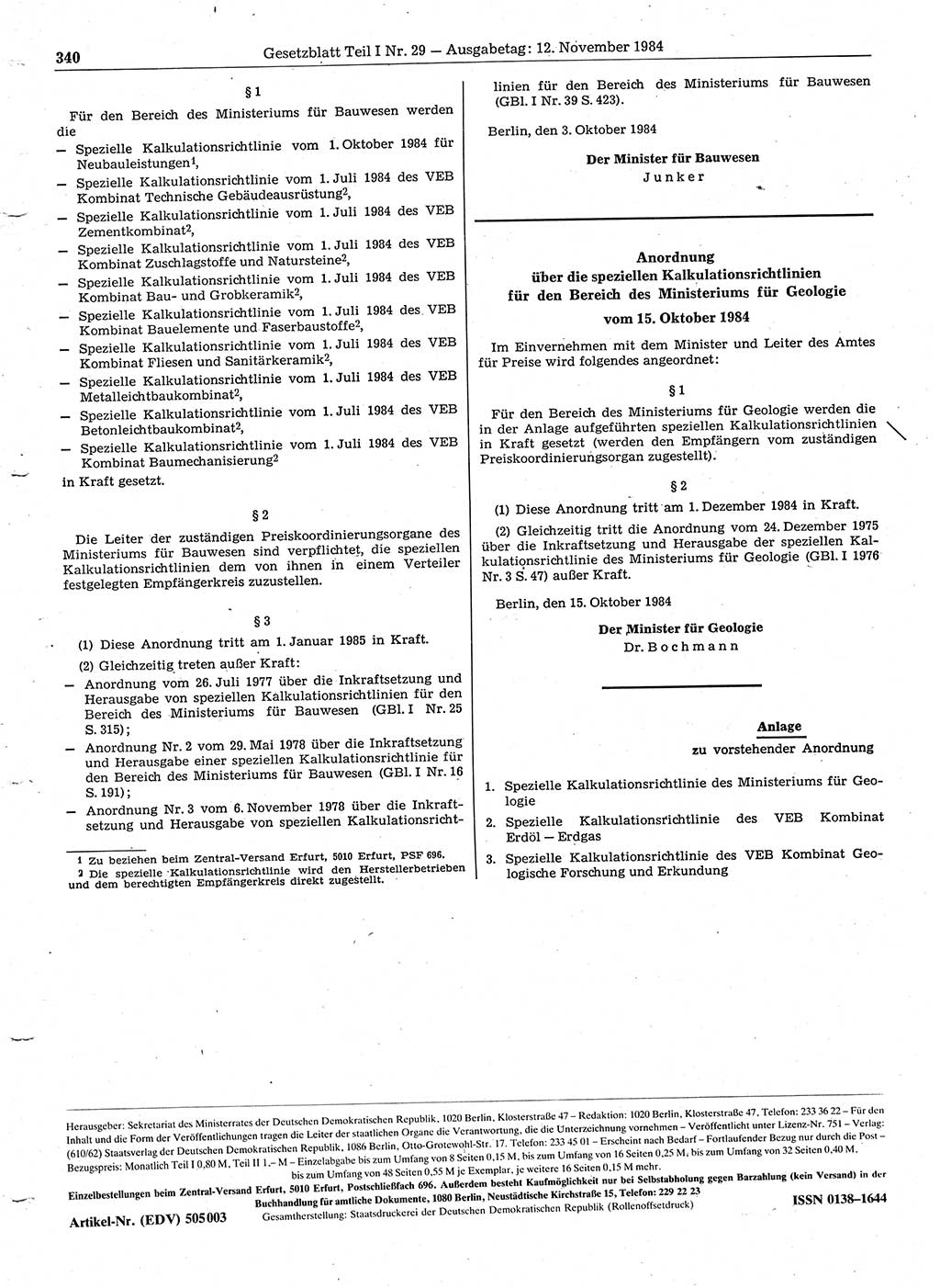 Gesetzblatt (GBl.) der Deutschen Demokratischen Republik (DDR) Teil Ⅰ 1984, Seite 340 (GBl. DDR Ⅰ 1984, S. 340)
