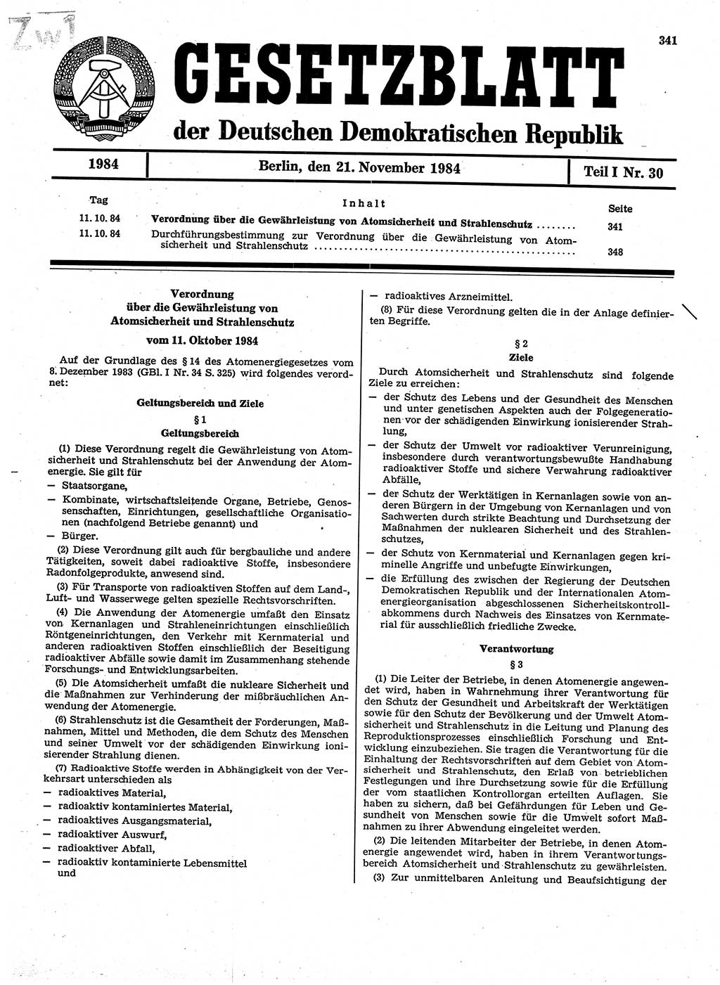 Gesetzblatt (GBl.) der Deutschen Demokratischen Republik (DDR) Teil Ⅰ 1984, Seite 341 (GBl. DDR Ⅰ 1984, S. 341)
