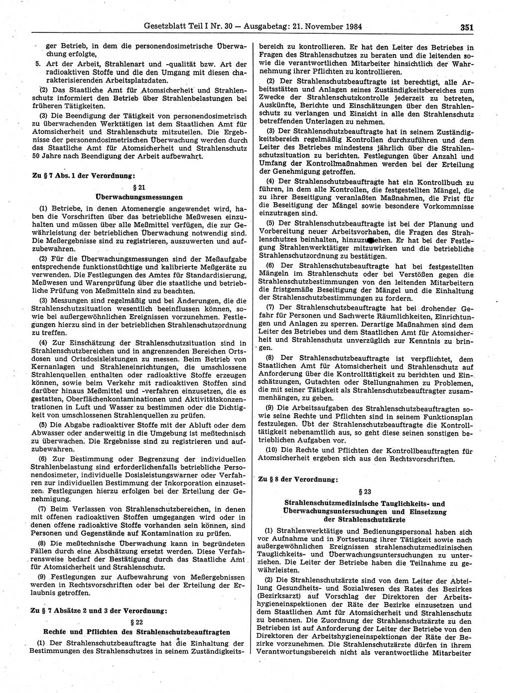 Gesetzblatt (GBl.) der Deutschen Demokratischen Republik (DDR) Teil Ⅰ 1984, Seite 351 (GBl. DDR Ⅰ 1984, S. 351)